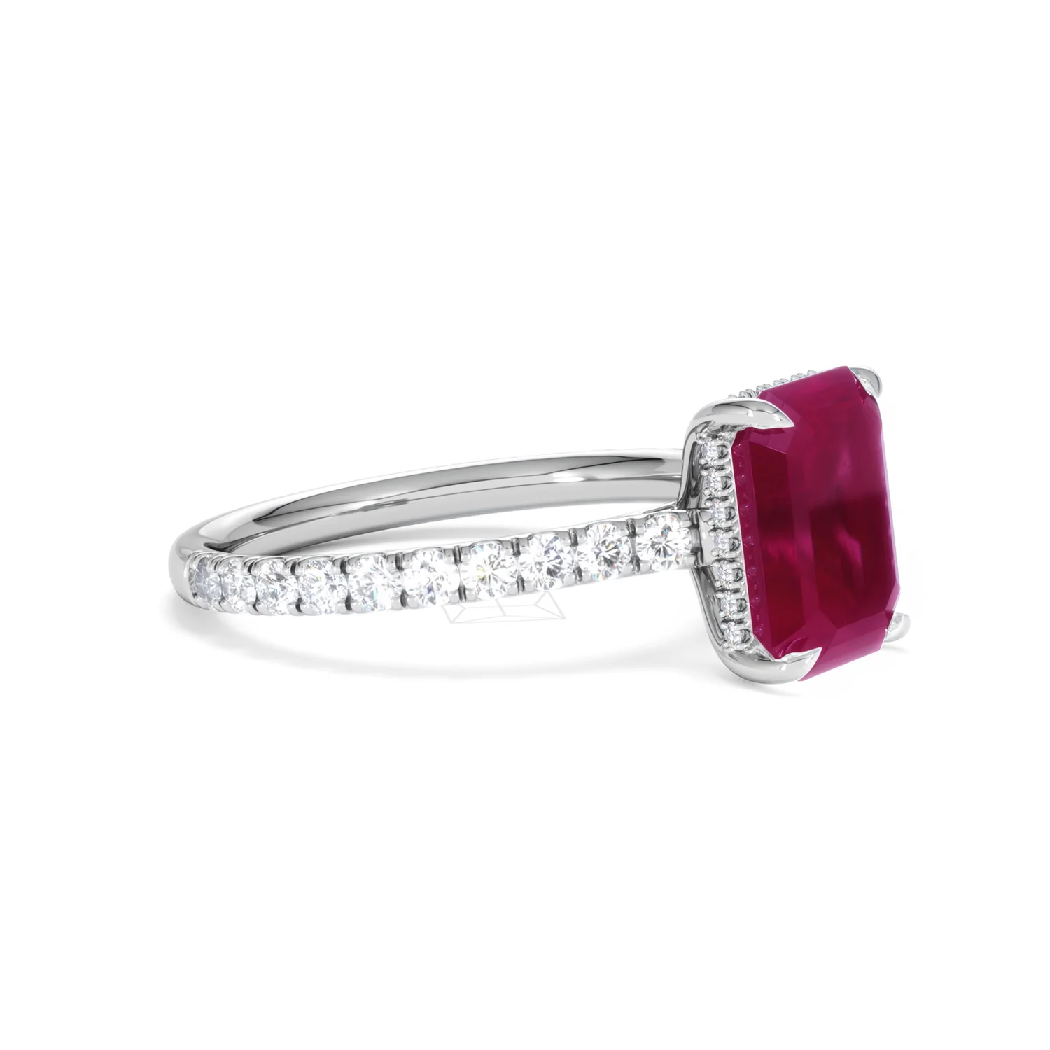 Amora Gem 2.50ct Emerald Cut Lab Ruby Hidden Halo Engagement Ring with Side Stones in 18K White Gold - Image 21