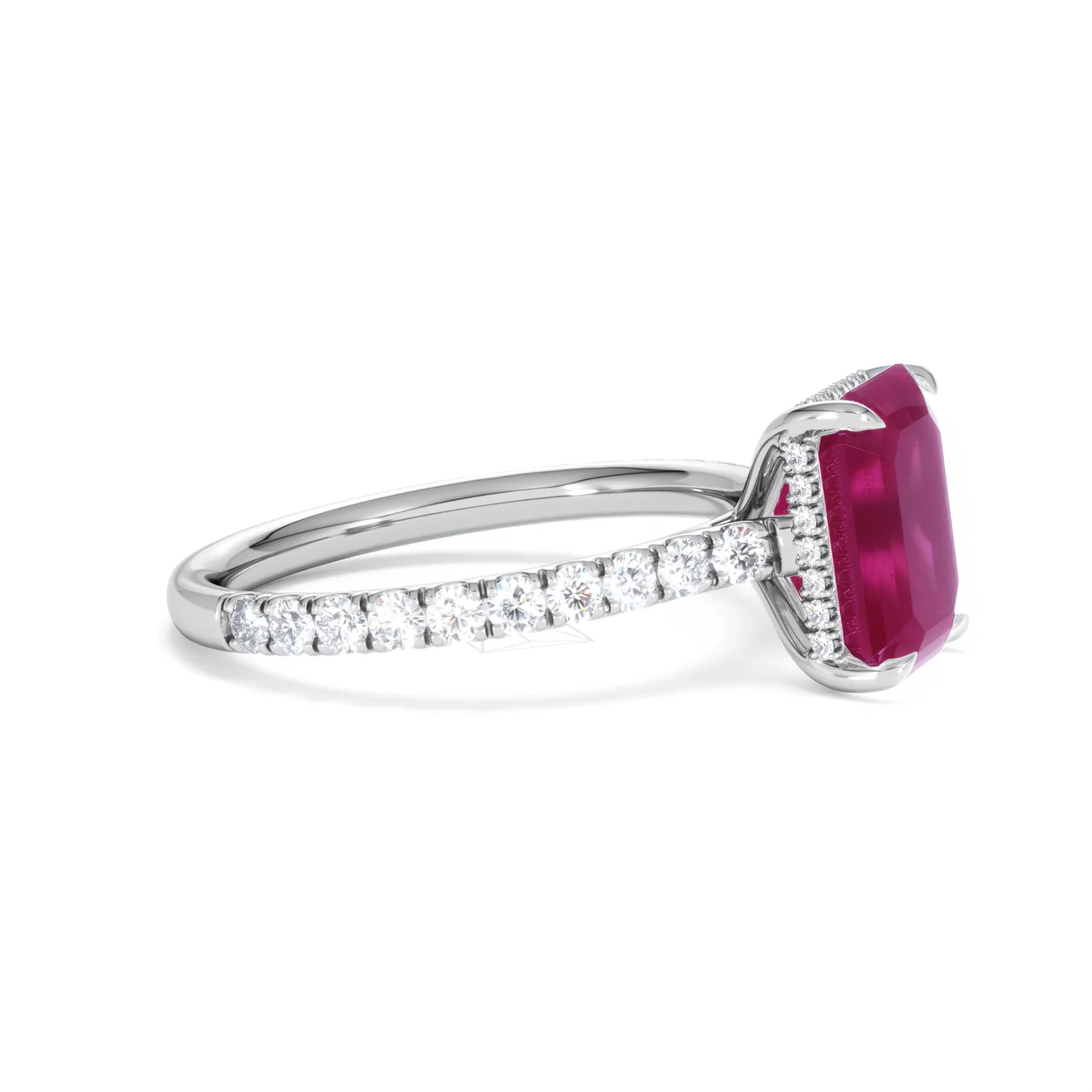 Amora Gem 2.50ct Emerald Cut Lab Ruby Hidden Halo Engagement Ring with Side Stones in 18K White Gold - Image 24
