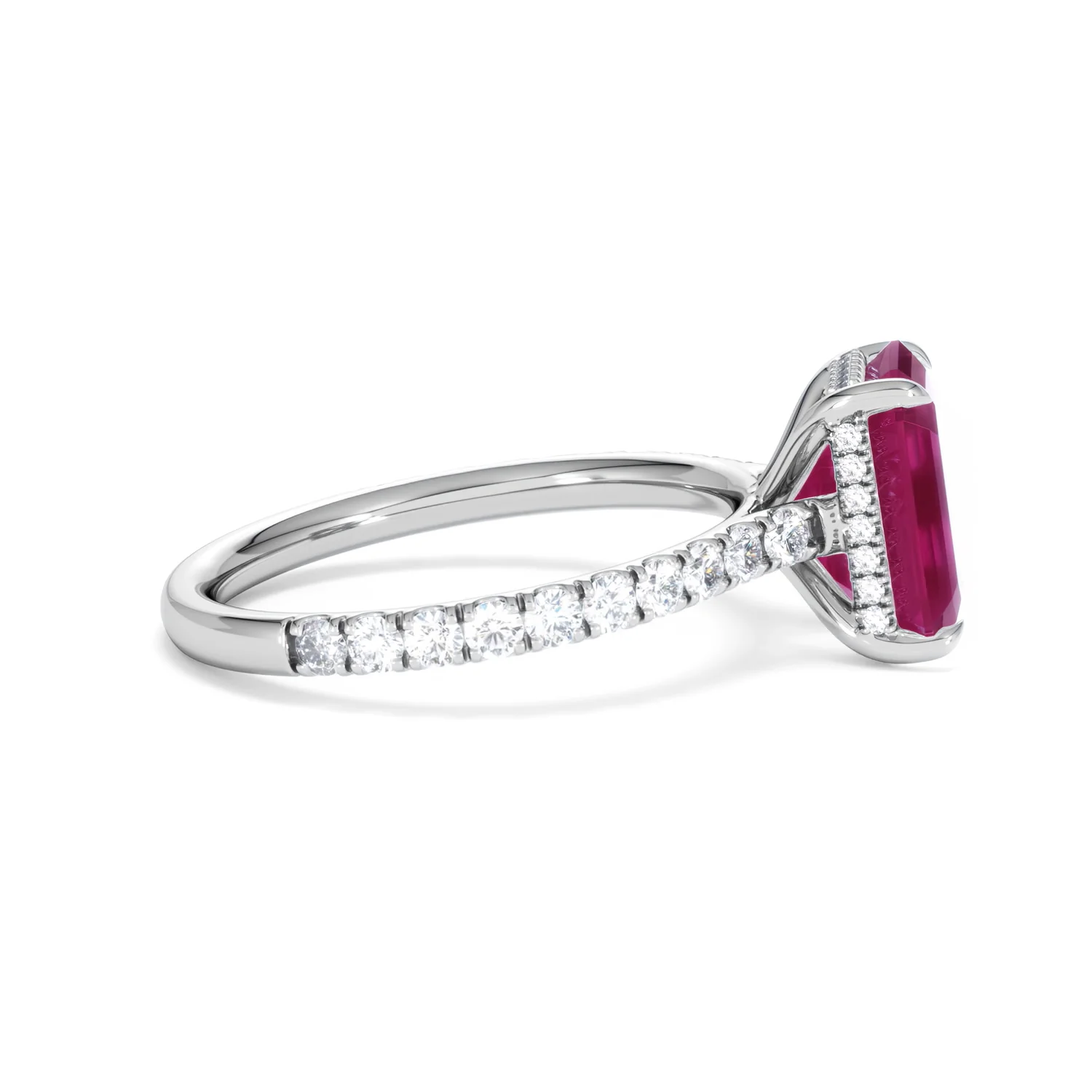Amora Gem 2.50ct Emerald Cut Lab Ruby Hidden Halo Engagement Ring with Side Stones in 18K White Gold - Image 28