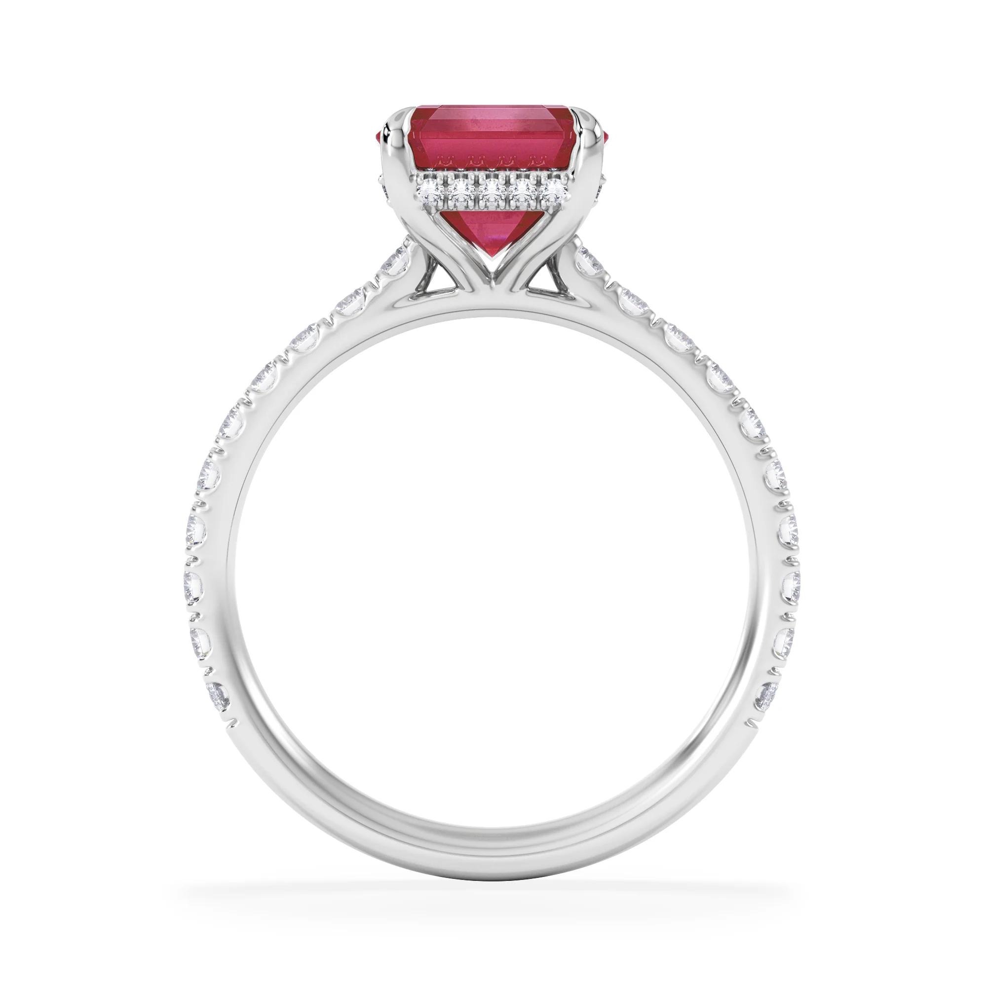 Amora Gem 2.50ct Emerald Cut Lab Ruby Hidden Halo Engagement Ring with Side Stones in 18K White Gold - Image 3