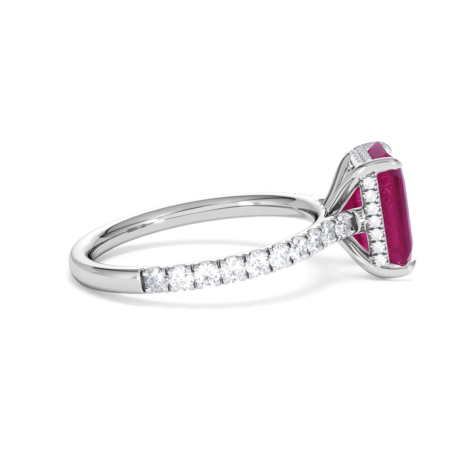 Amora Gem 2.50ct Emerald Cut Lab Ruby Hidden Halo Engagement Ring with Side Stones in 18K White Gold - Image 30