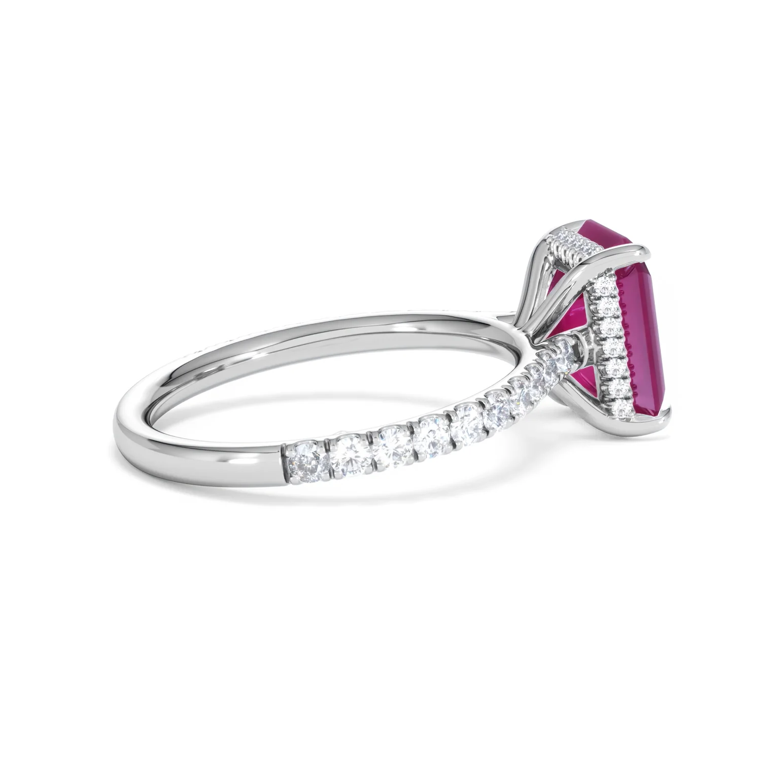 Amora Gem 2.50ct Emerald Cut Lab Ruby Hidden Halo Engagement Ring with Side Stones in 18K White Gold - Image 33