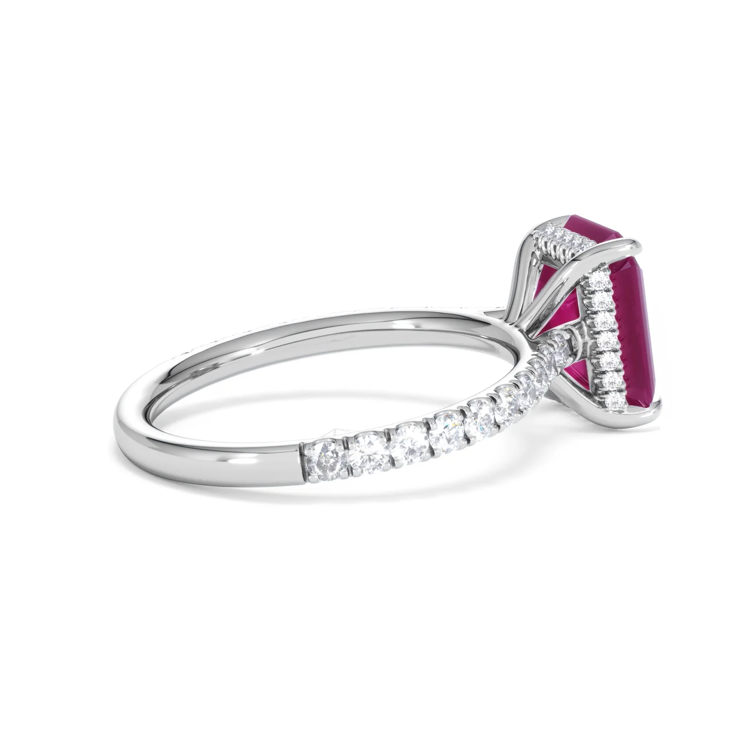 Amora Gem 2.50ct Emerald Cut Lab Ruby Hidden Halo Engagement Ring with Side Stones in 18K White Gold - Image 34