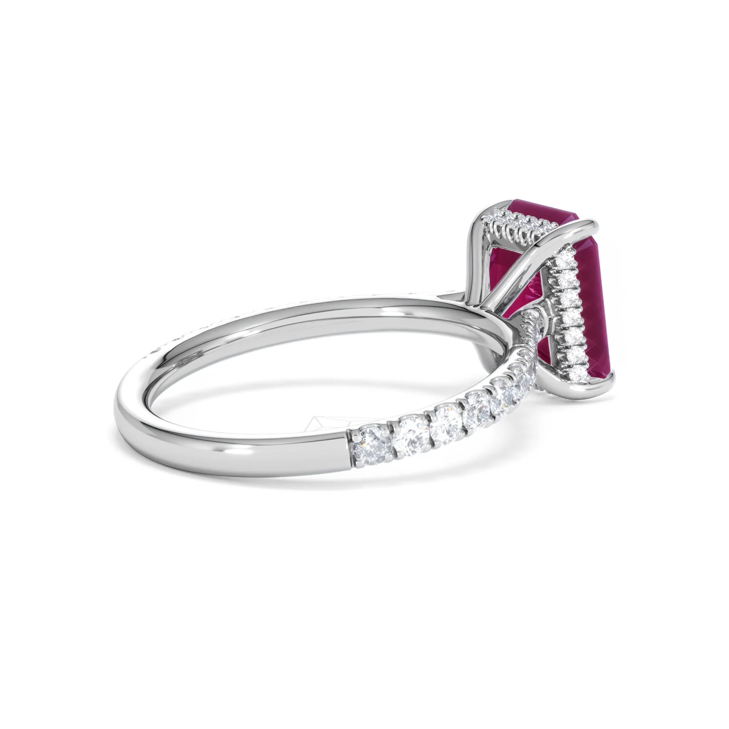 Amora Gem 2.50ct Emerald Cut Lab Ruby Hidden Halo Engagement Ring with Side Stones in 18K White Gold - Image 37