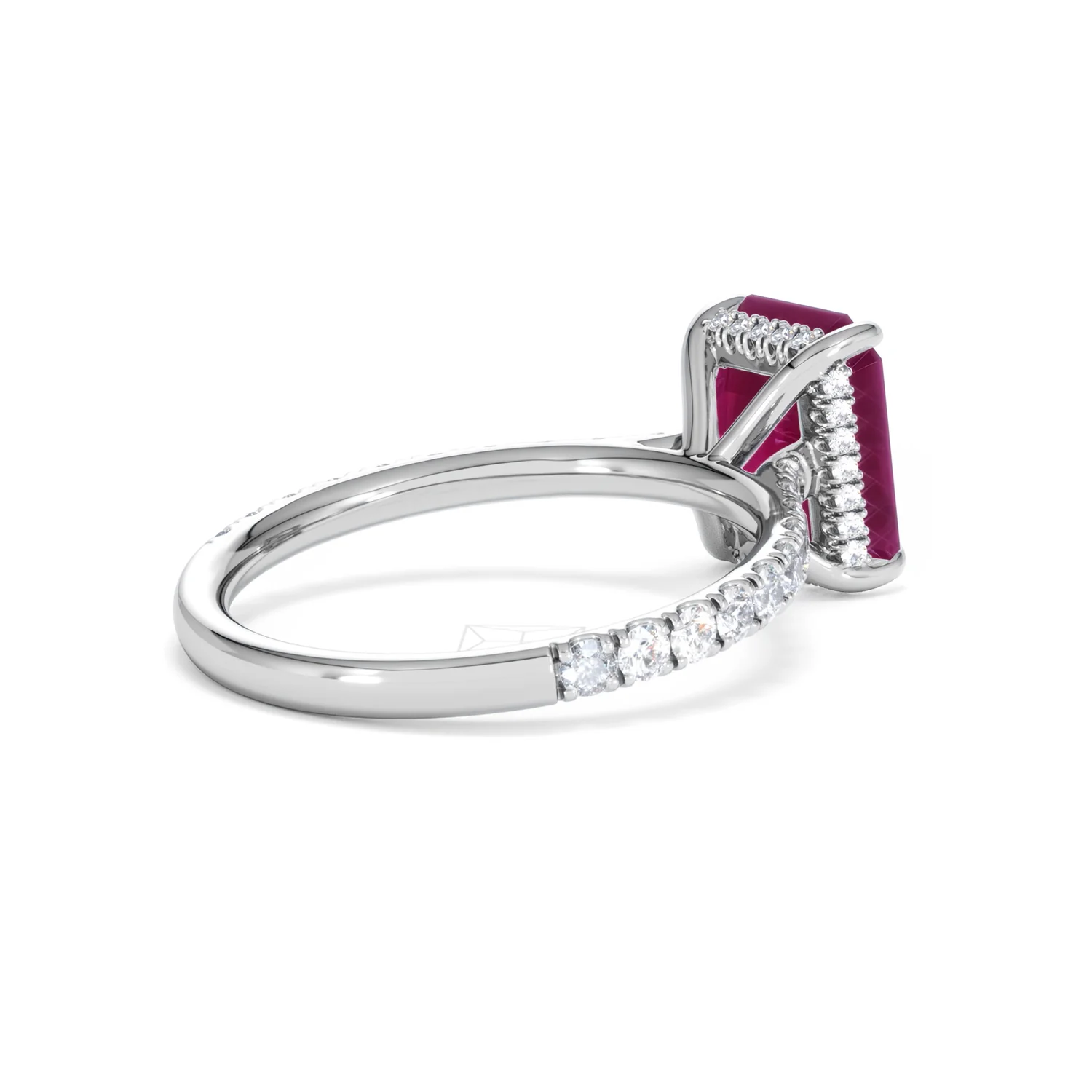Amora Gem 2.50ct Emerald Cut Lab Ruby Hidden Halo Engagement Ring with Side Stones in 18K White Gold - Image 38