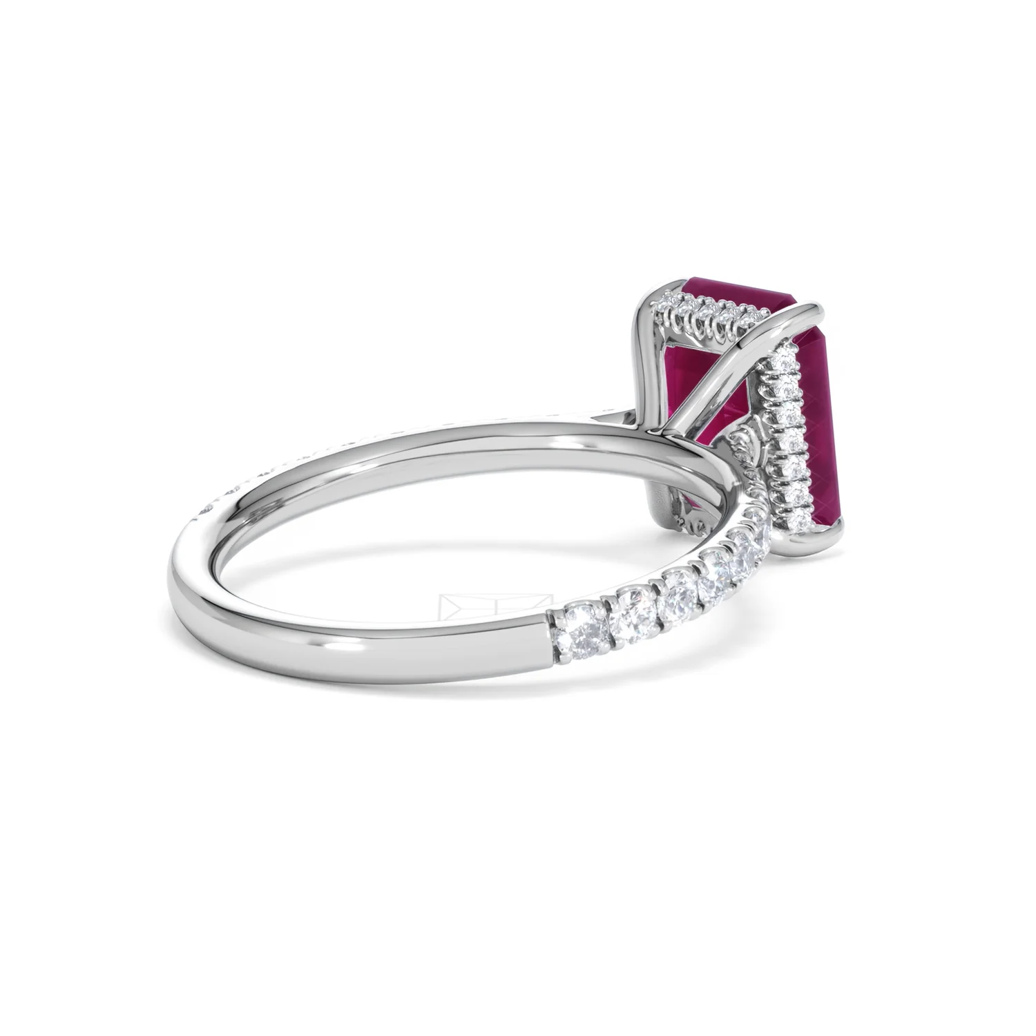 Amora Gem 2.50ct Emerald Cut Lab Ruby Hidden Halo Engagement Ring with Side Stones in 18K White Gold - Image 39