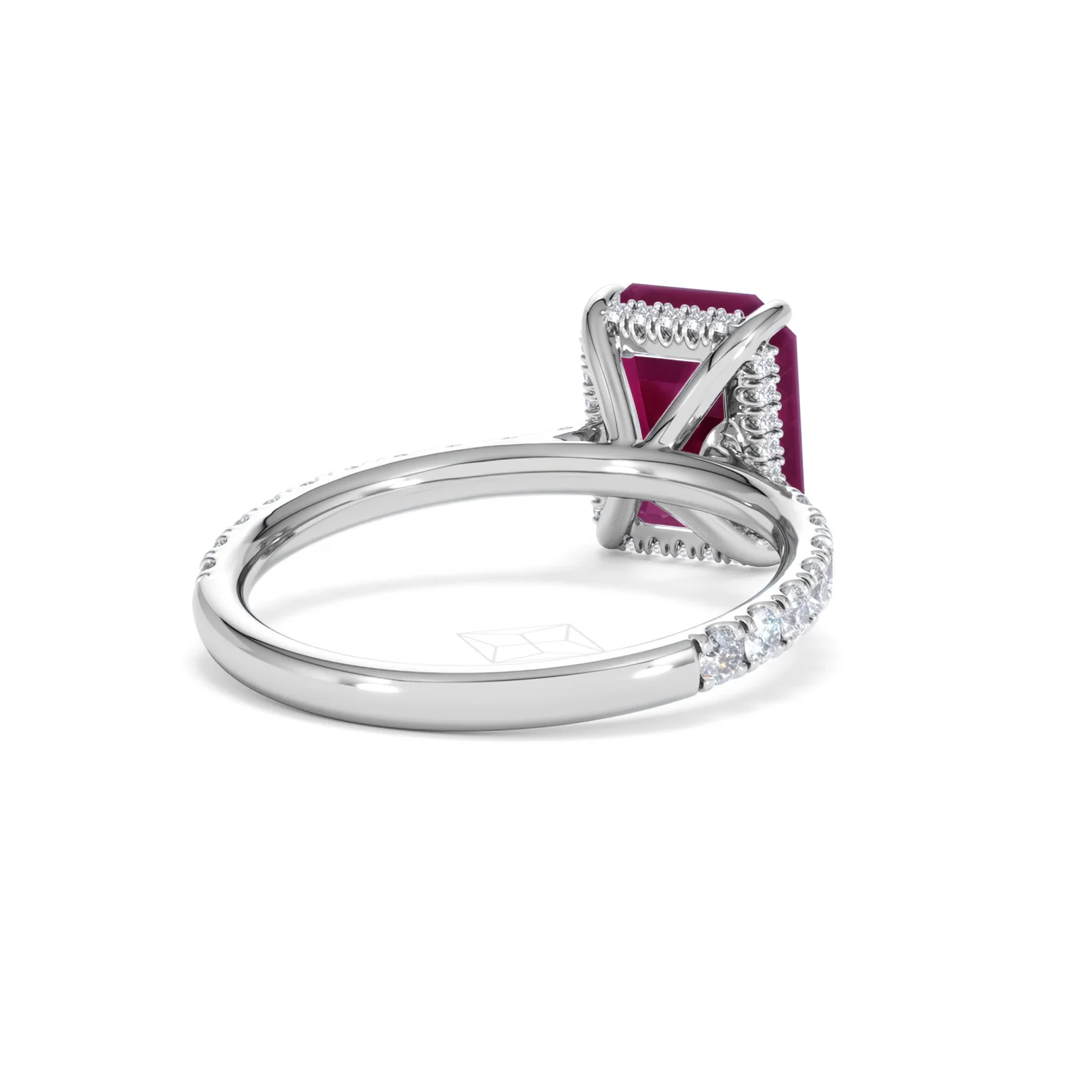 Amora Gem 2.50ct Emerald Cut Lab Ruby Hidden Halo Engagement Ring with Side Stones in 18K White Gold - Image 43