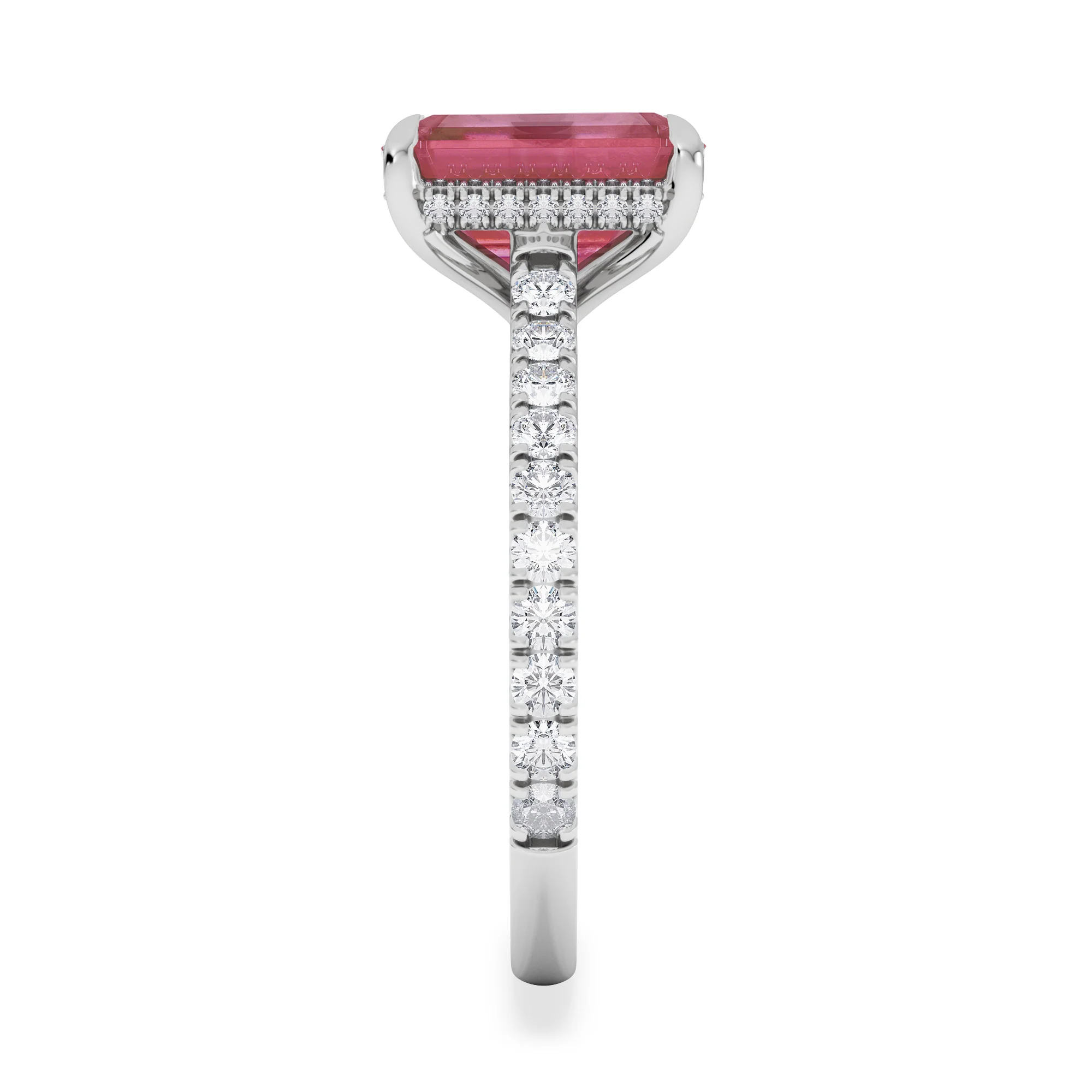 Amora Gem 2.50ct Emerald Cut Lab Ruby Hidden Halo Engagement Ring with Side Stones in 18K White Gold - Image 5
