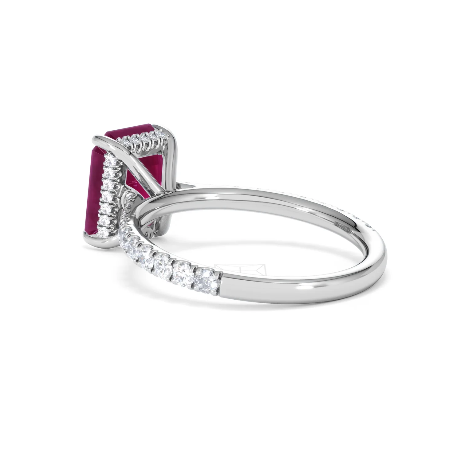 Amora Gem 2.50ct Emerald Cut Lab Ruby Hidden Halo Engagement Ring with Side Stones in 18K White Gold - Image 59
