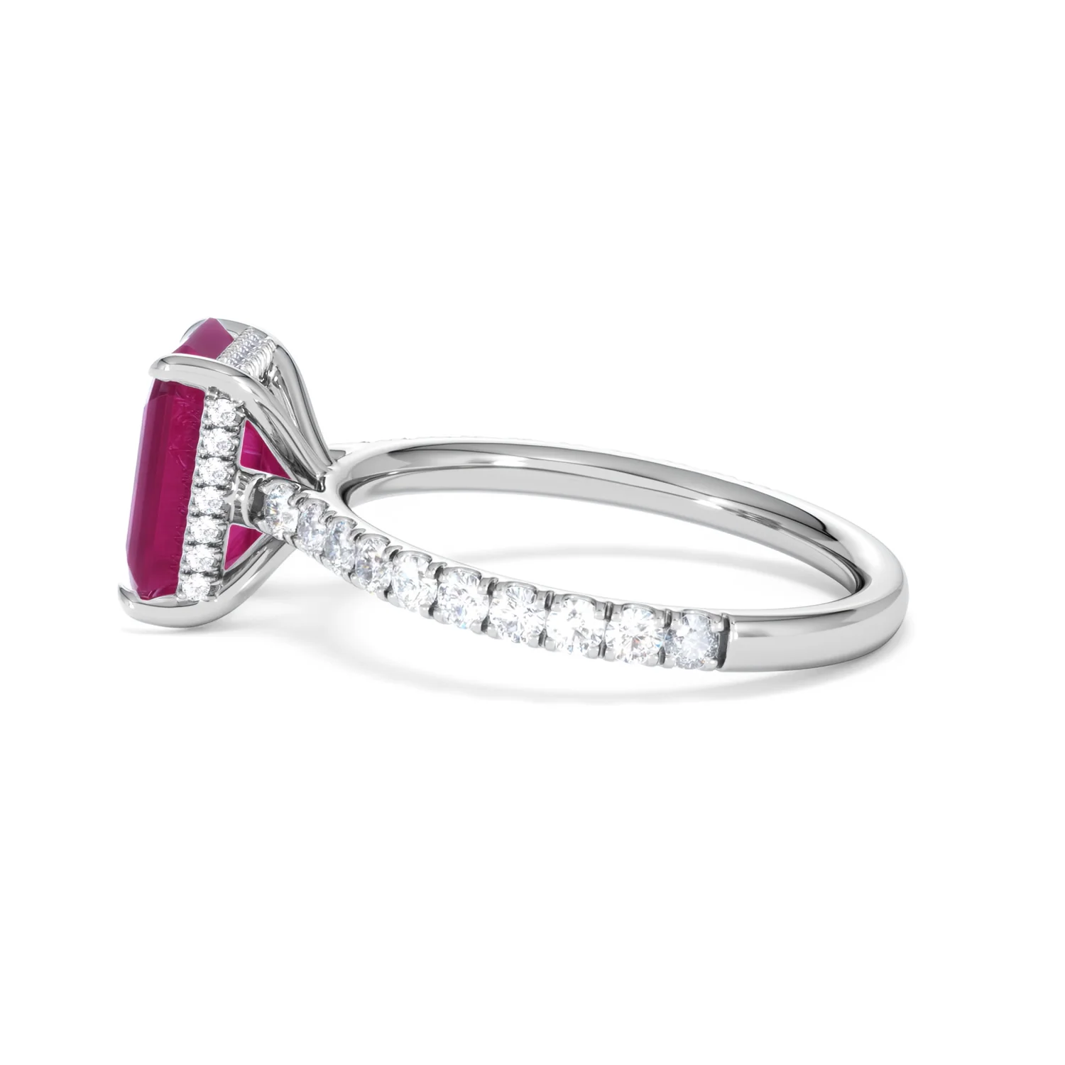 Amora Gem 2.50ct Emerald Cut Lab Ruby Hidden Halo Engagement Ring with Side Stones in 18K White Gold - Image 67