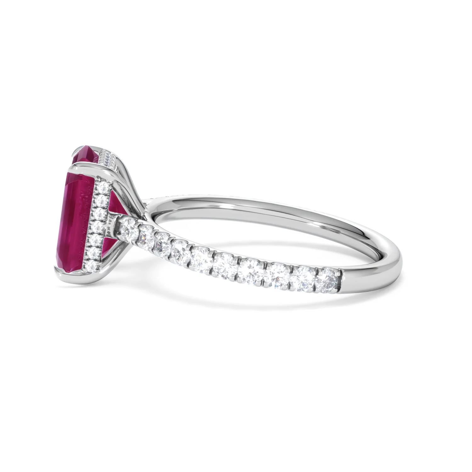 Amora Gem 2.50ct Emerald Cut Lab Ruby Hidden Halo Engagement Ring with Side Stones in 18K White Gold - Image 69