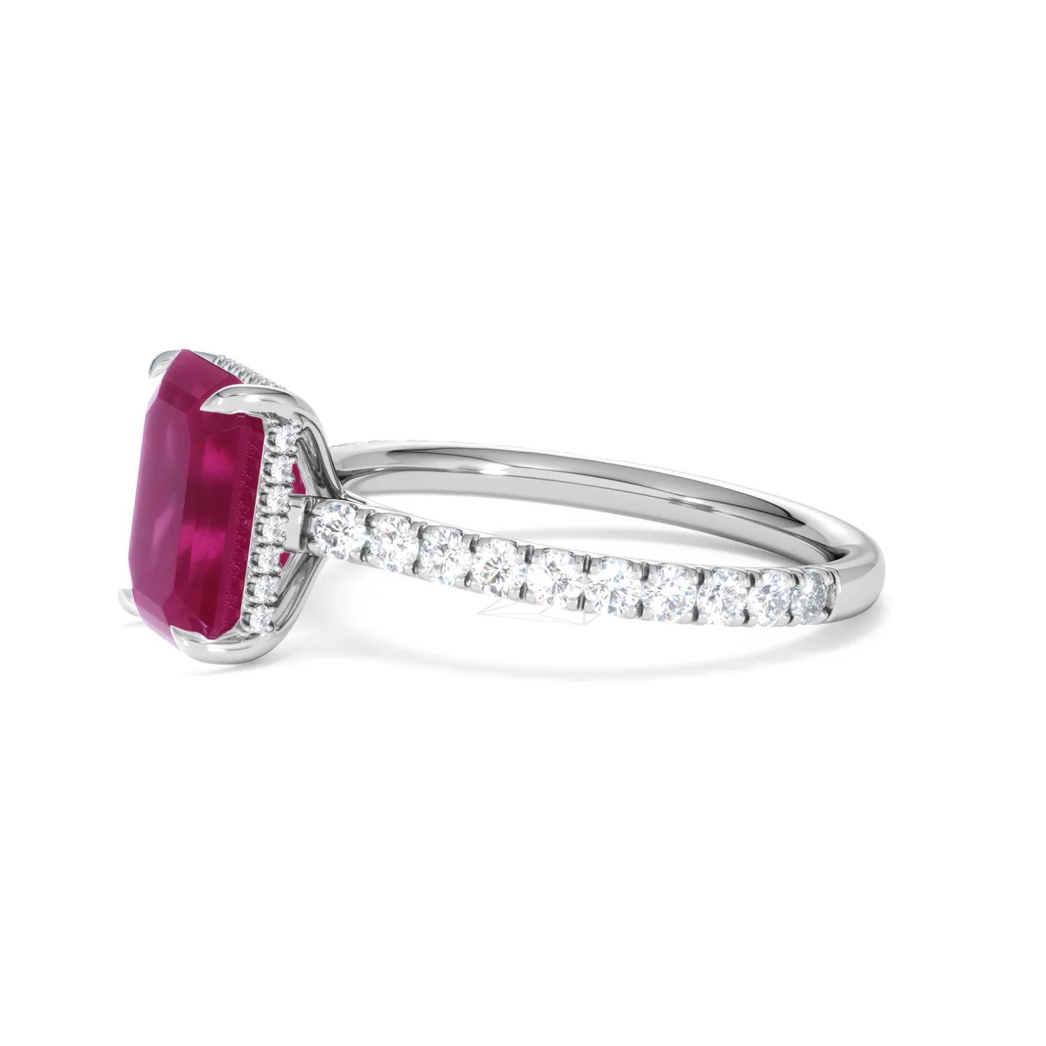 Amora Gem 2.50ct Emerald Cut Lab Ruby Hidden Halo Engagement Ring with Side Stones in 18K White Gold - Image 74