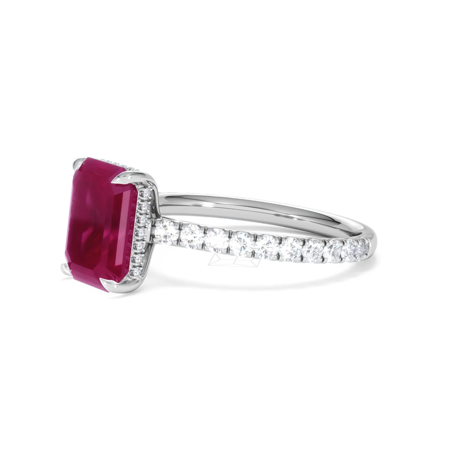 Amora Gem 2.50ct Emerald Cut Lab Ruby Hidden Halo Engagement Ring with Side Stones in 18K White Gold - Image 77
