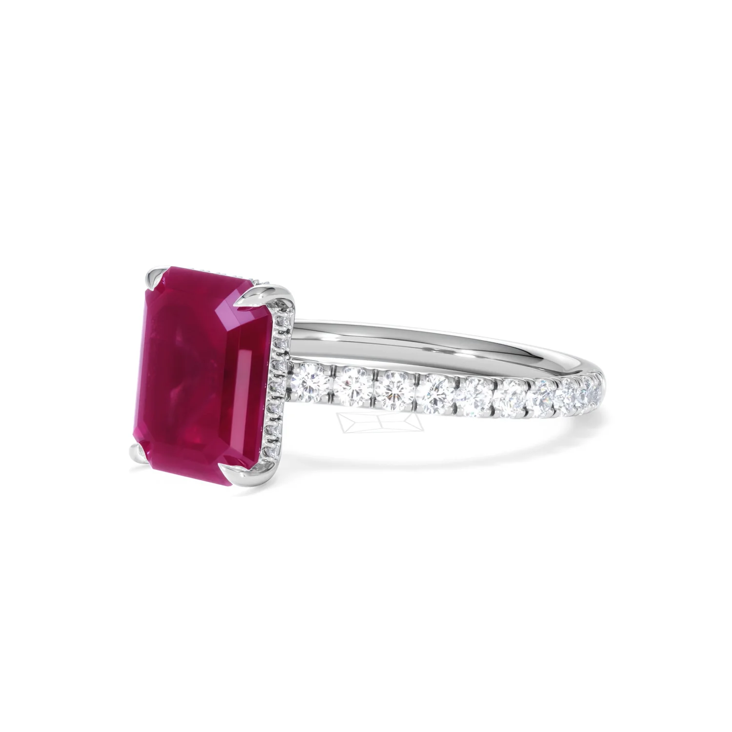 Amora Gem 2.50ct Emerald Cut Lab Ruby Hidden Halo Engagement Ring with Side Stones in 18K White Gold - Image 80
