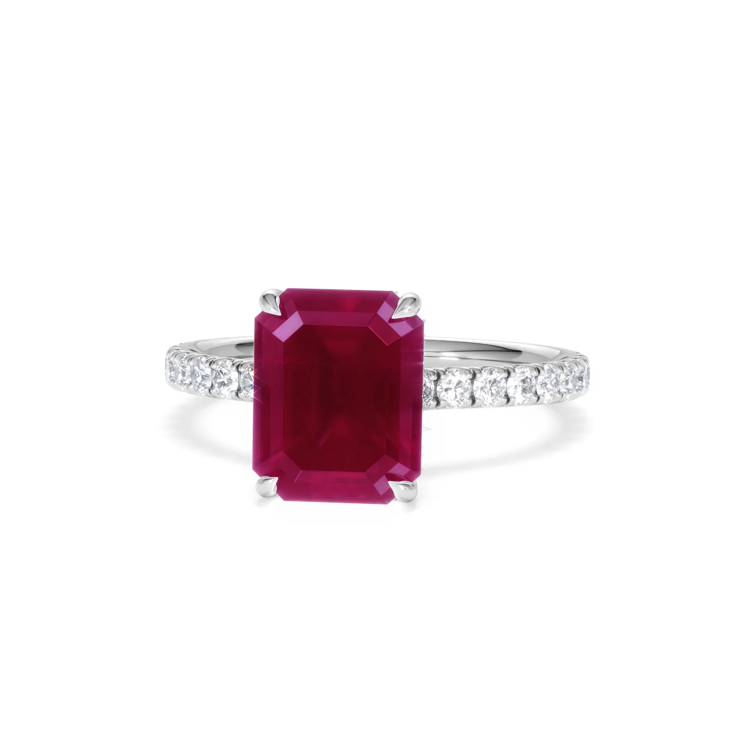 Amora Gem 2.50ct Emerald Cut Lab Ruby Hidden Halo Engagement Ring with Side Stones in 18K White Gold - Image 87