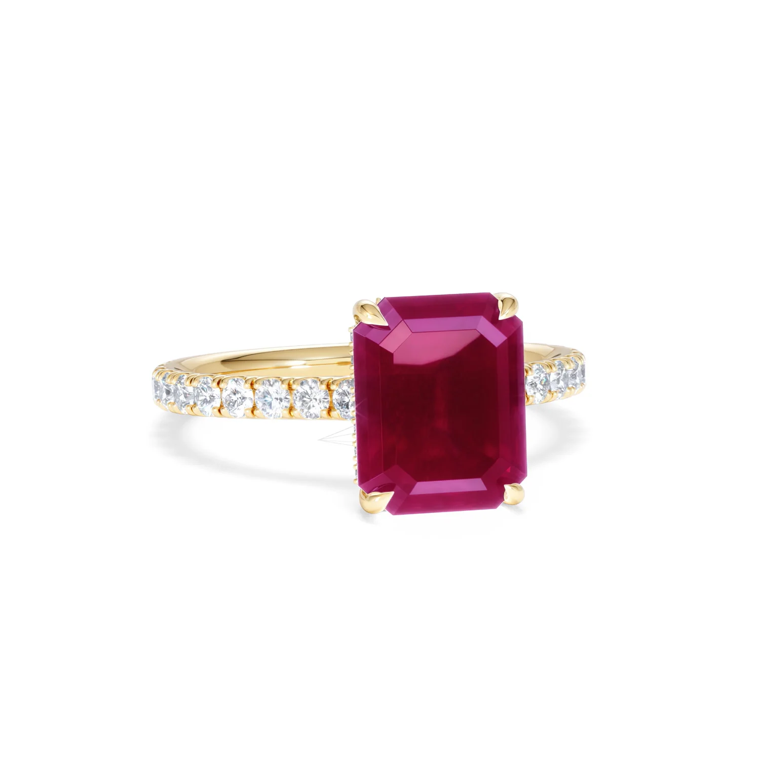 Amora Gem 2.50ct Emerald Cut Lab Ruby Hidden Halo Engagement Ring with Side Stones in 18K Yellow Gold - Image 12