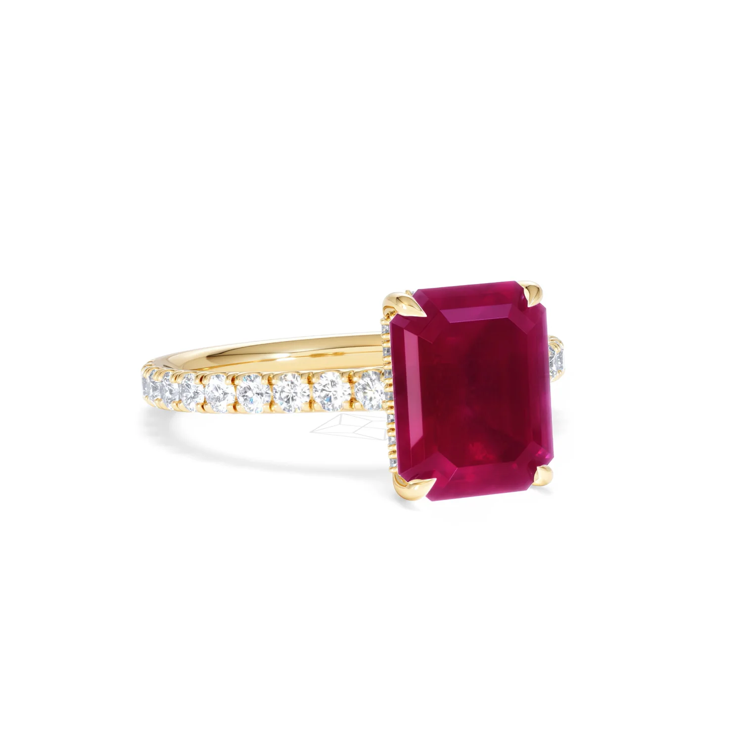 Amora Gem 2.50ct Emerald Cut Lab Ruby Hidden Halo Engagement Ring with Side Stones in 18K Yellow Gold - Image 14