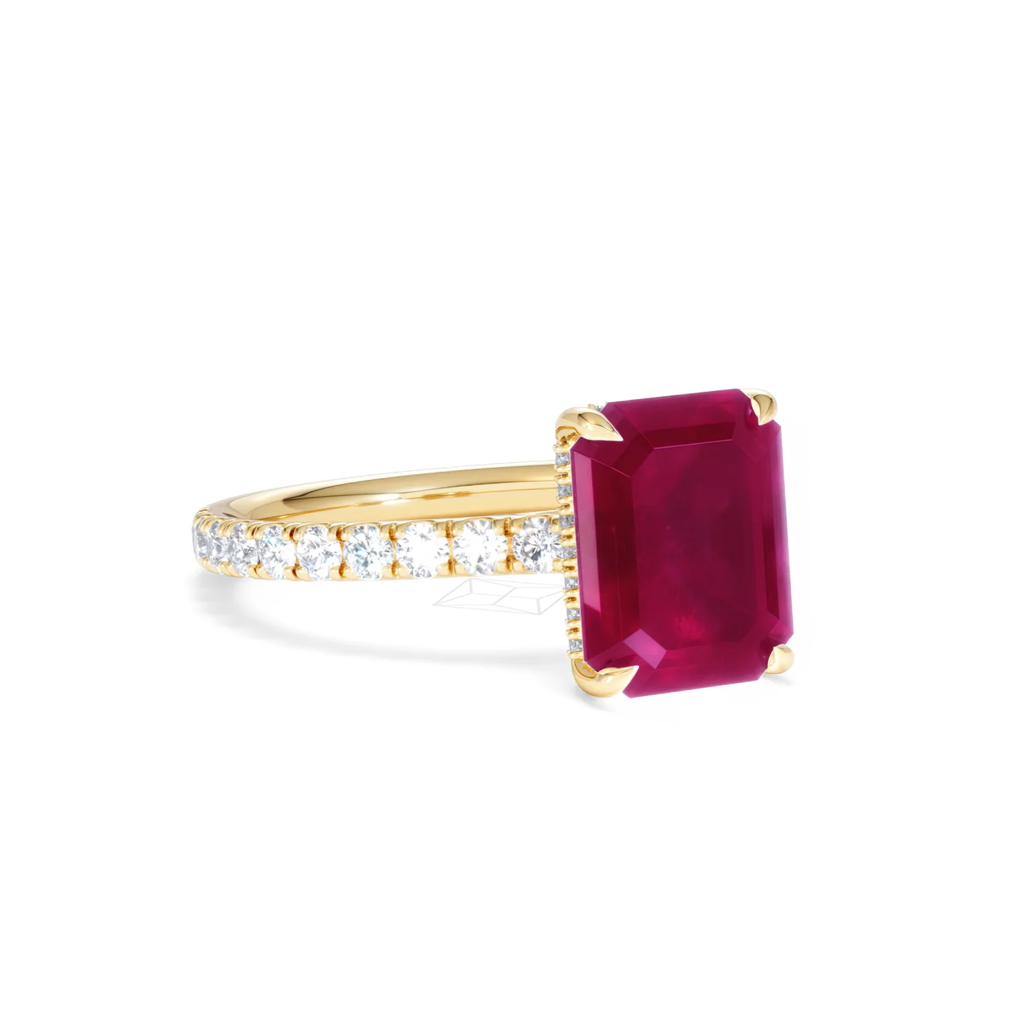 Amora Gem 2.50ct Emerald Cut Lab Ruby Hidden Halo Engagement Ring with Side Stones in 18K Yellow Gold - Image 15