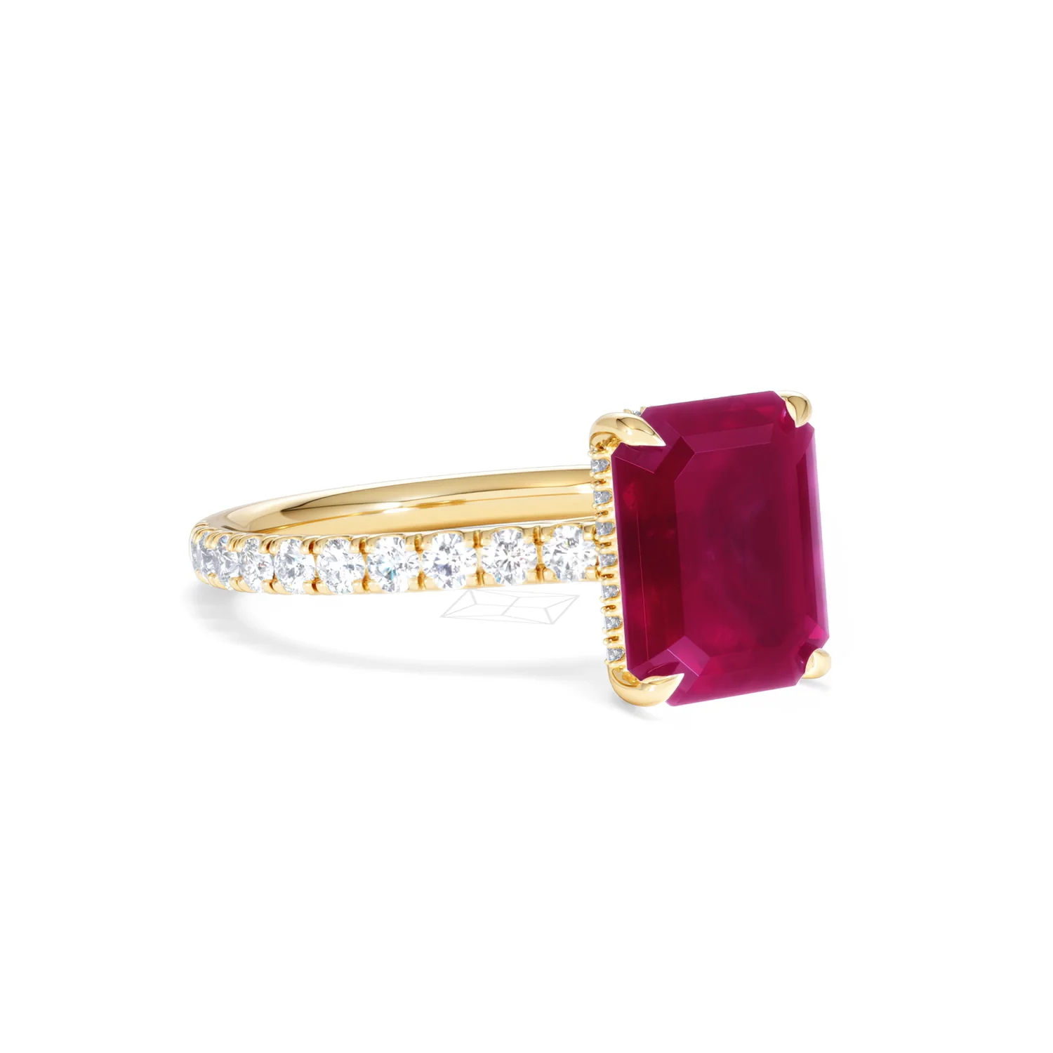 Amora Gem 2.50ct Emerald Cut Lab Ruby Hidden Halo Engagement Ring with Side Stones in 18K Yellow Gold - Image 16