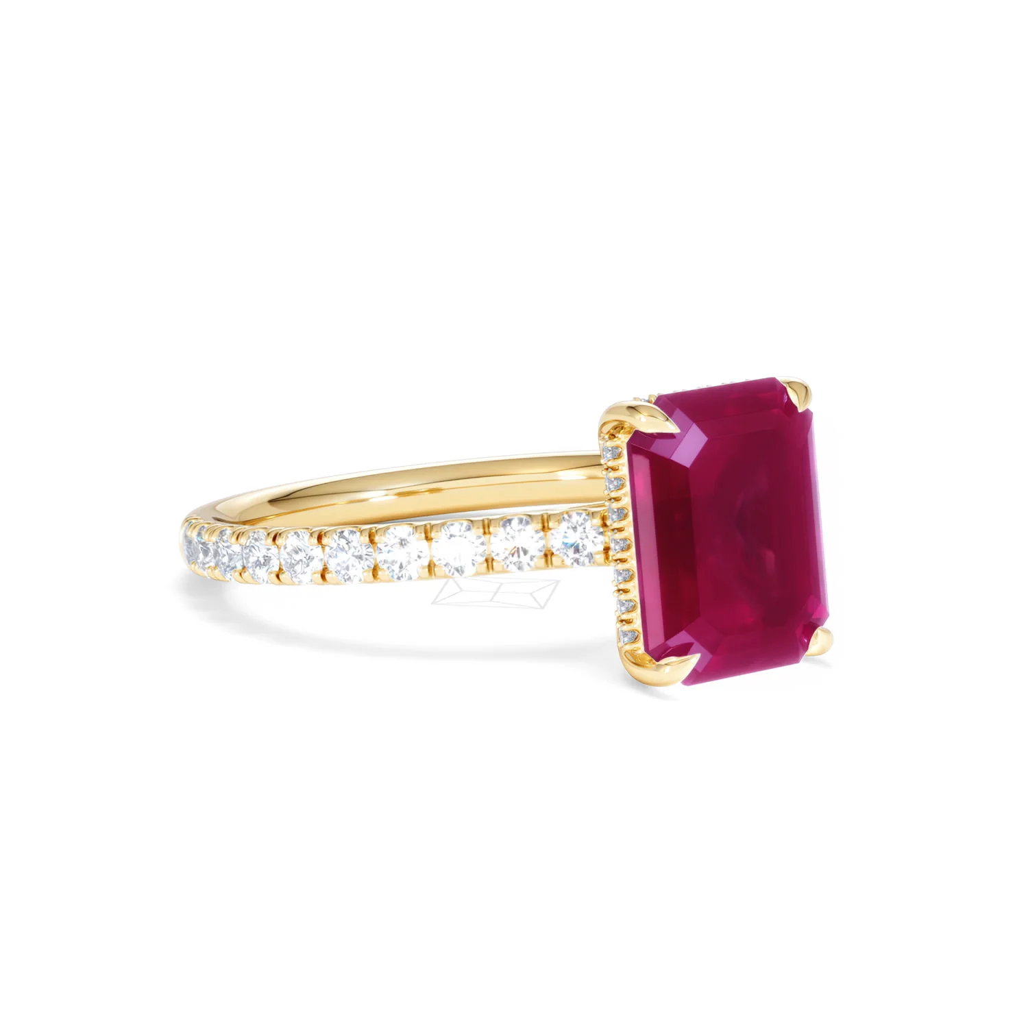 Amora Gem 2.50ct Emerald Cut Lab Ruby Hidden Halo Engagement Ring with Side Stones in 18K Yellow Gold - Image 17