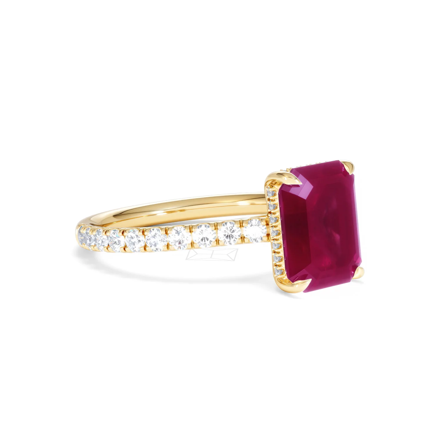Amora Gem 2.50ct Emerald Cut Lab Ruby Hidden Halo Engagement Ring with Side Stones in 18K Yellow Gold - Image 18