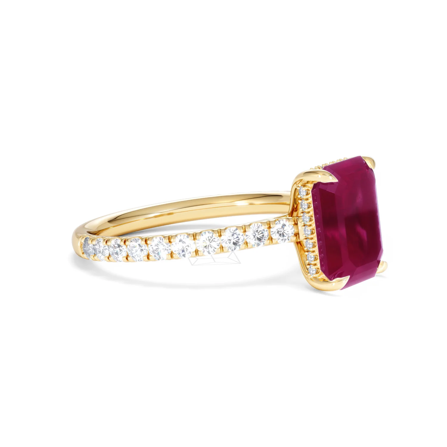 Amora Gem 2.50ct Emerald Cut Lab Ruby Hidden Halo Engagement Ring with Side Stones in 18K Yellow Gold - Image 21