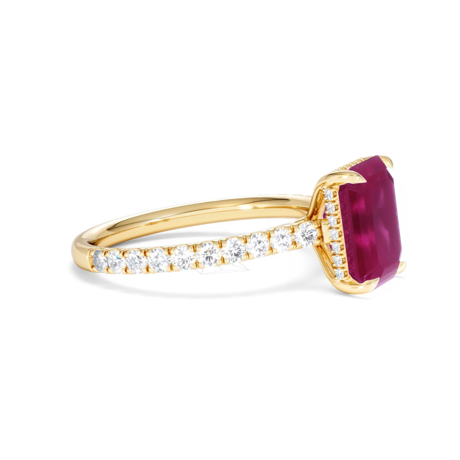 Amora Gem 2.50ct Emerald Cut Lab Ruby Hidden Halo Engagement Ring with Side Stones in 18K Yellow Gold - Image 23