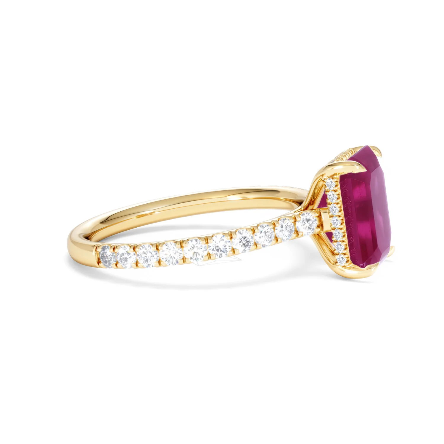 Amora Gem 2.50ct Emerald Cut Lab Ruby Hidden Halo Engagement Ring with Side Stones in 18K Yellow Gold - Image 25