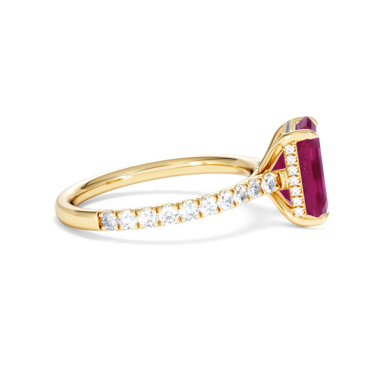 Amora Gem 2.50ct Emerald Cut Lab Ruby Hidden Halo Engagement Ring with Side Stones in 18K Yellow Gold - Image 28