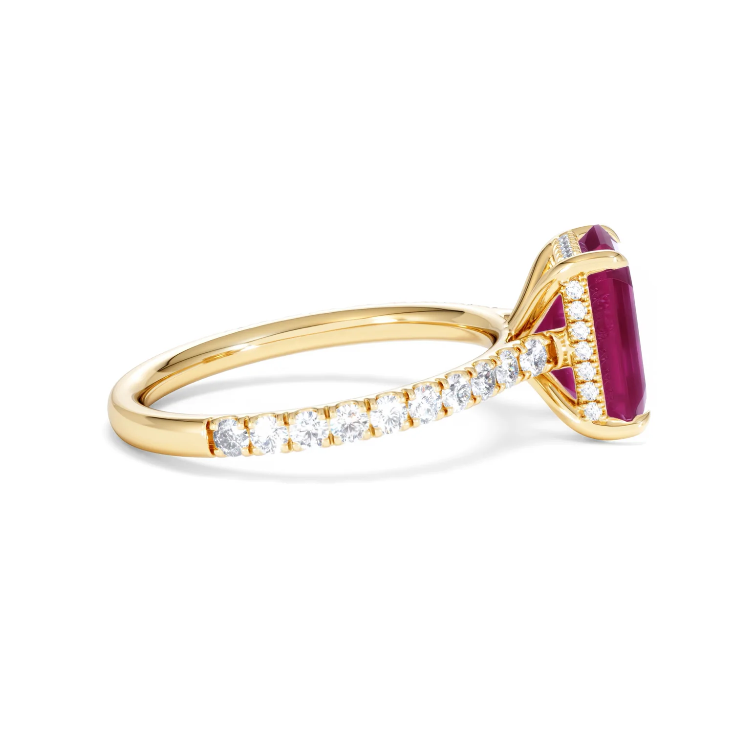 Amora Gem 2.50ct Emerald Cut Lab Ruby Hidden Halo Engagement Ring with Side Stones in 18K Yellow Gold - Image 29