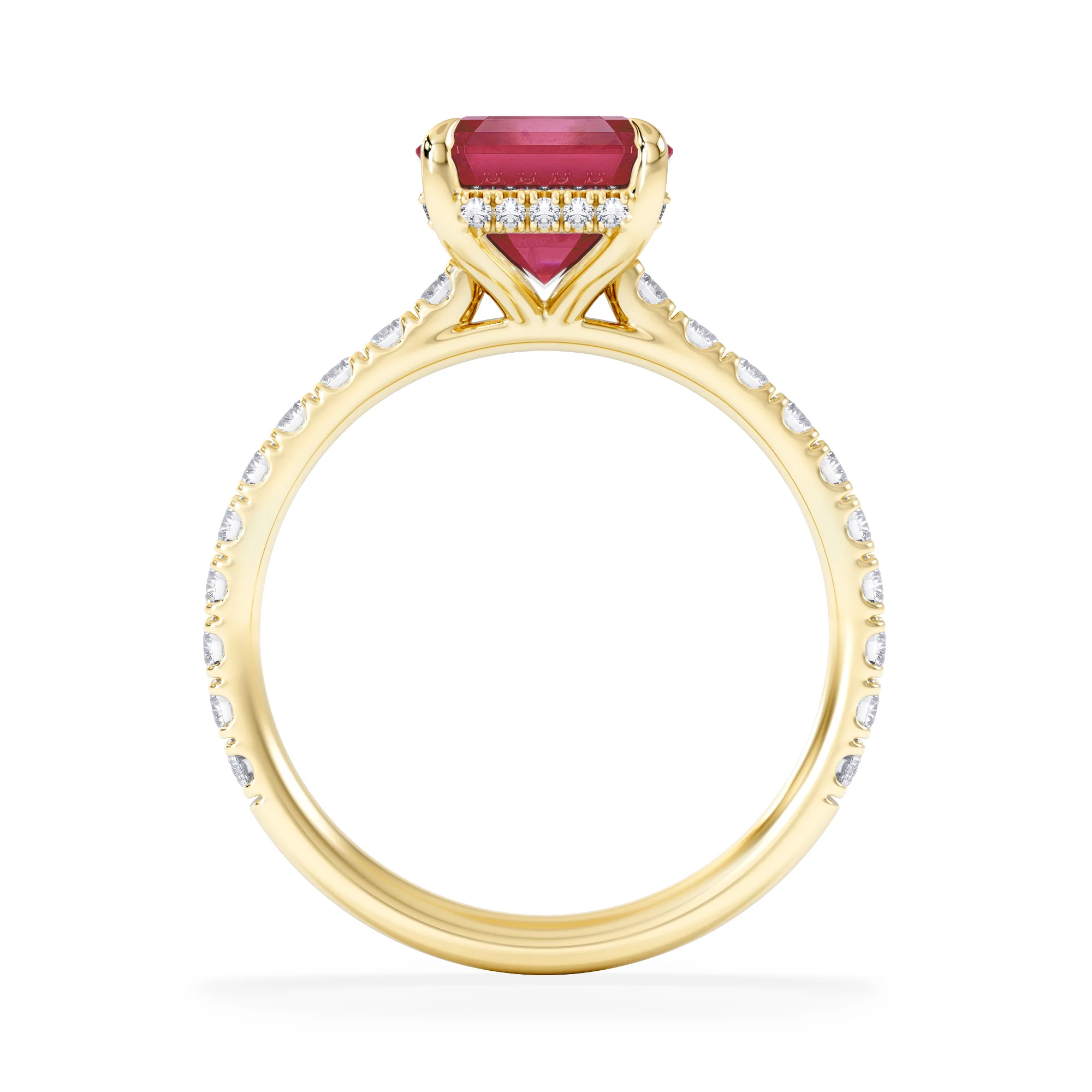 Amora Gem 2.50ct Emerald Cut Lab Ruby Hidden Halo Engagement Ring with Side Stones in 18K Yellow Gold - Image 3