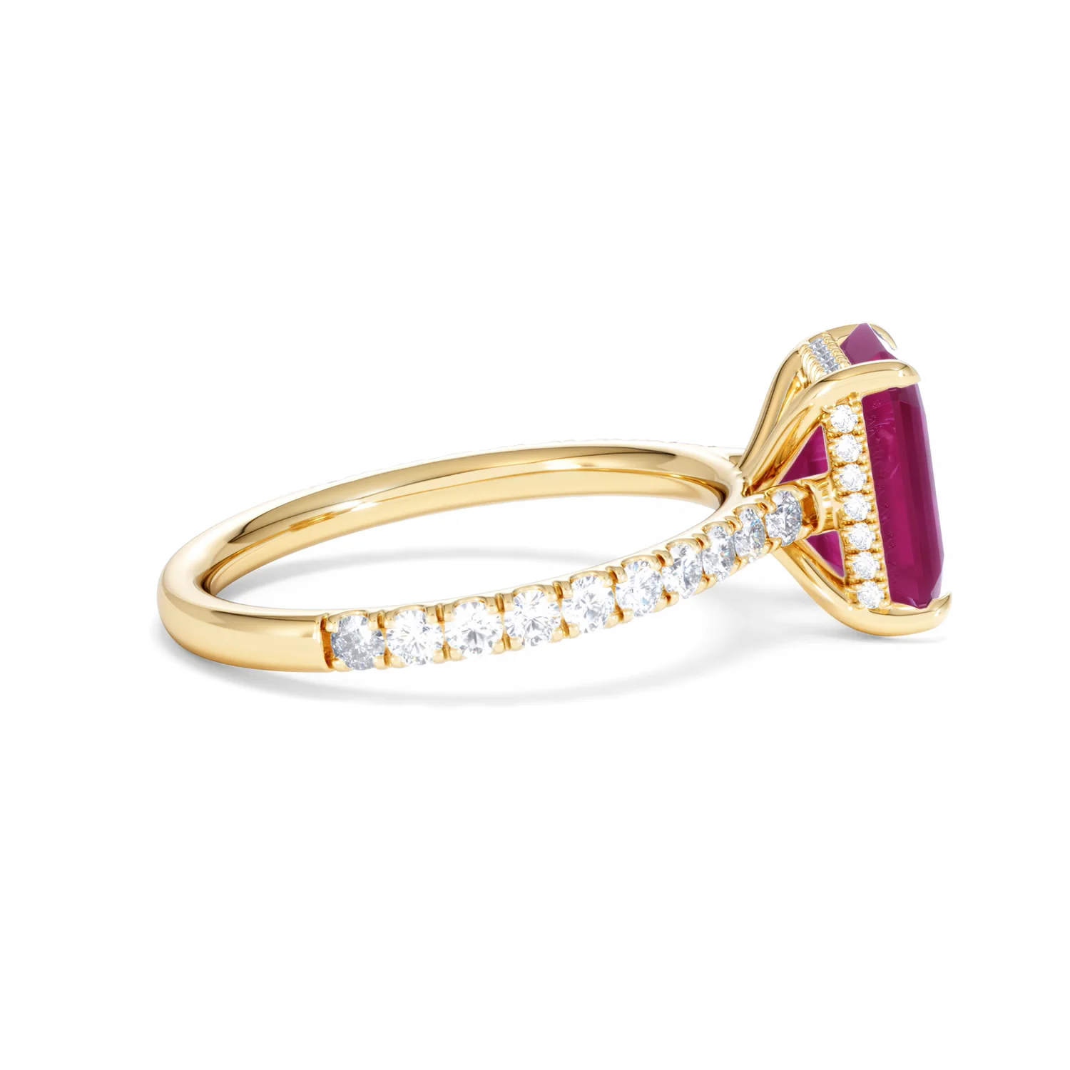 Amora Gem 2.50ct Emerald Cut Lab Ruby Hidden Halo Engagement Ring with Side Stones in 18K Yellow Gold - Image 30
