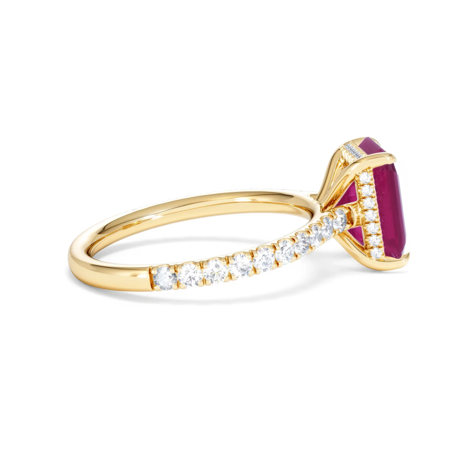 Amora Gem 2.50ct Emerald Cut Lab Ruby Hidden Halo Engagement Ring with Side Stones in 18K Yellow Gold - Image 31