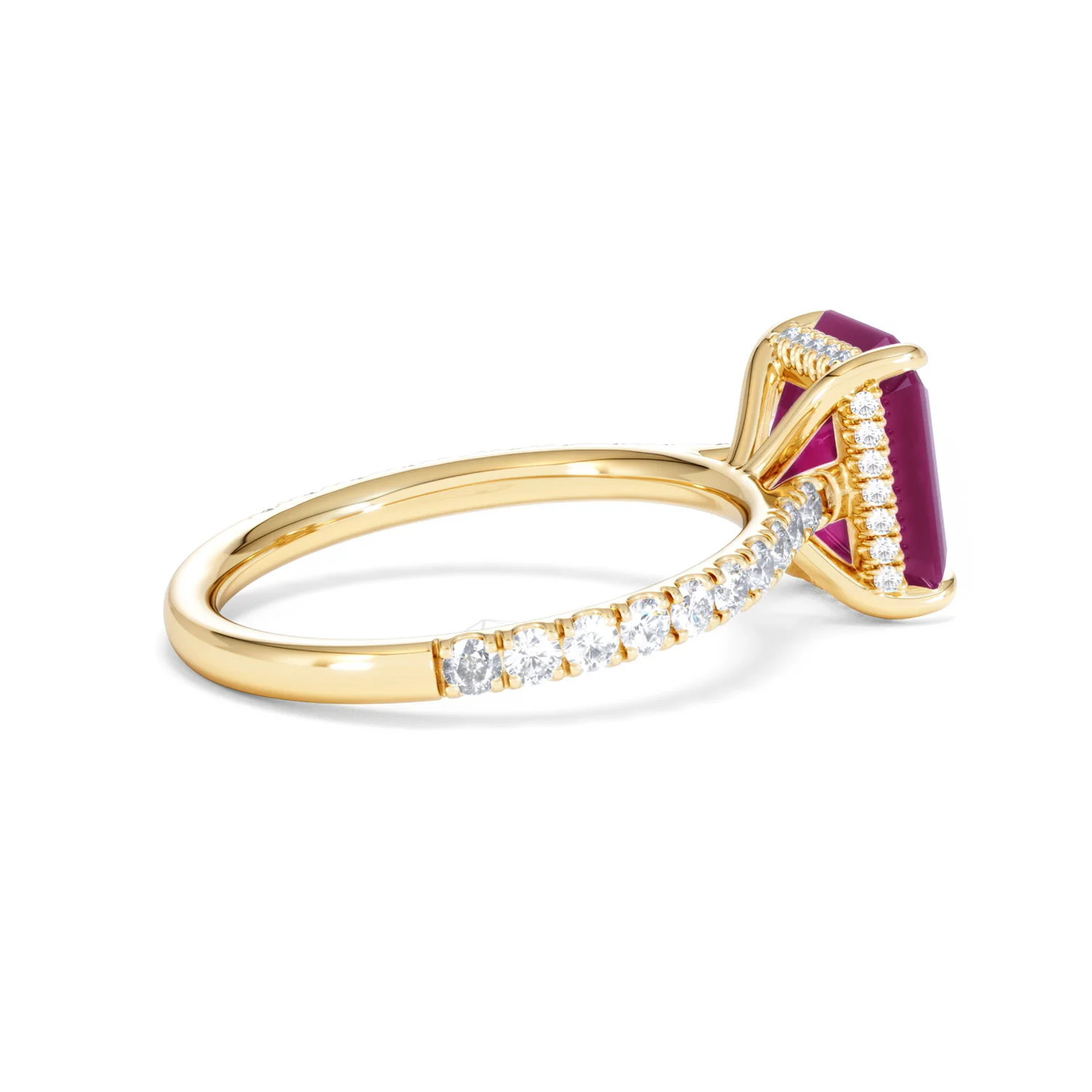 Amora Gem 2.50ct Emerald Cut Lab Ruby Hidden Halo Engagement Ring with Side Stones in 18K Yellow Gold - Image 34