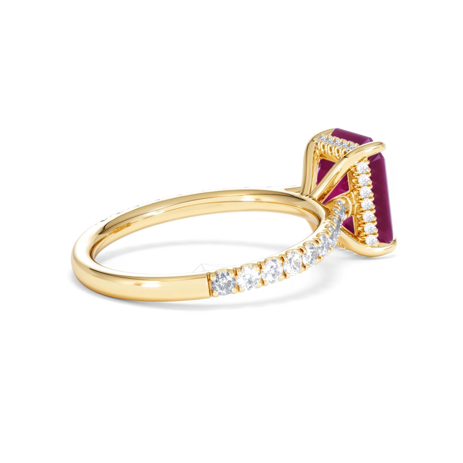 Amora Gem 2.50ct Emerald Cut Lab Ruby Hidden Halo Engagement Ring with Side Stones in 18K Yellow Gold - Image 36