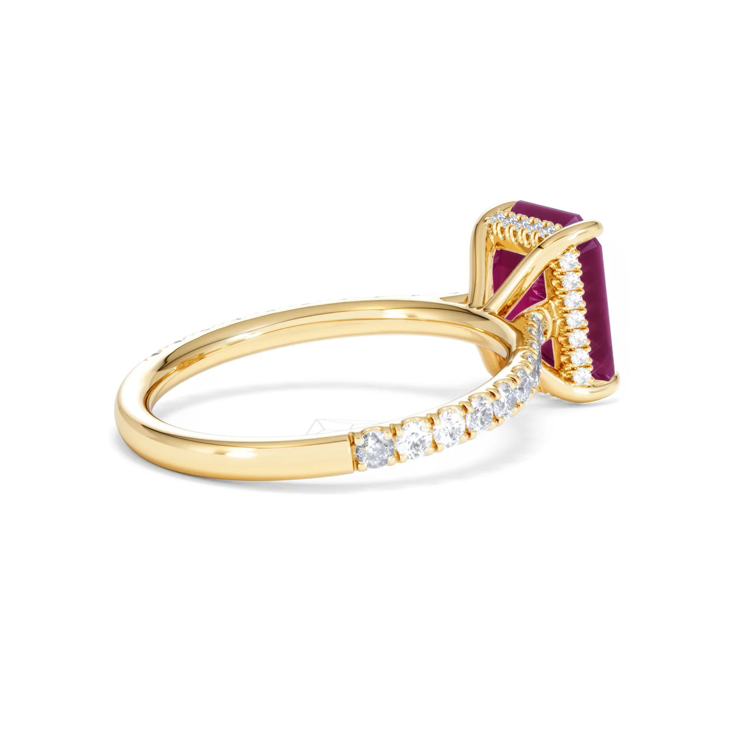 Amora Gem 2.50ct Emerald Cut Lab Ruby Hidden Halo Engagement Ring with Side Stones in 18K Yellow Gold - Image 37