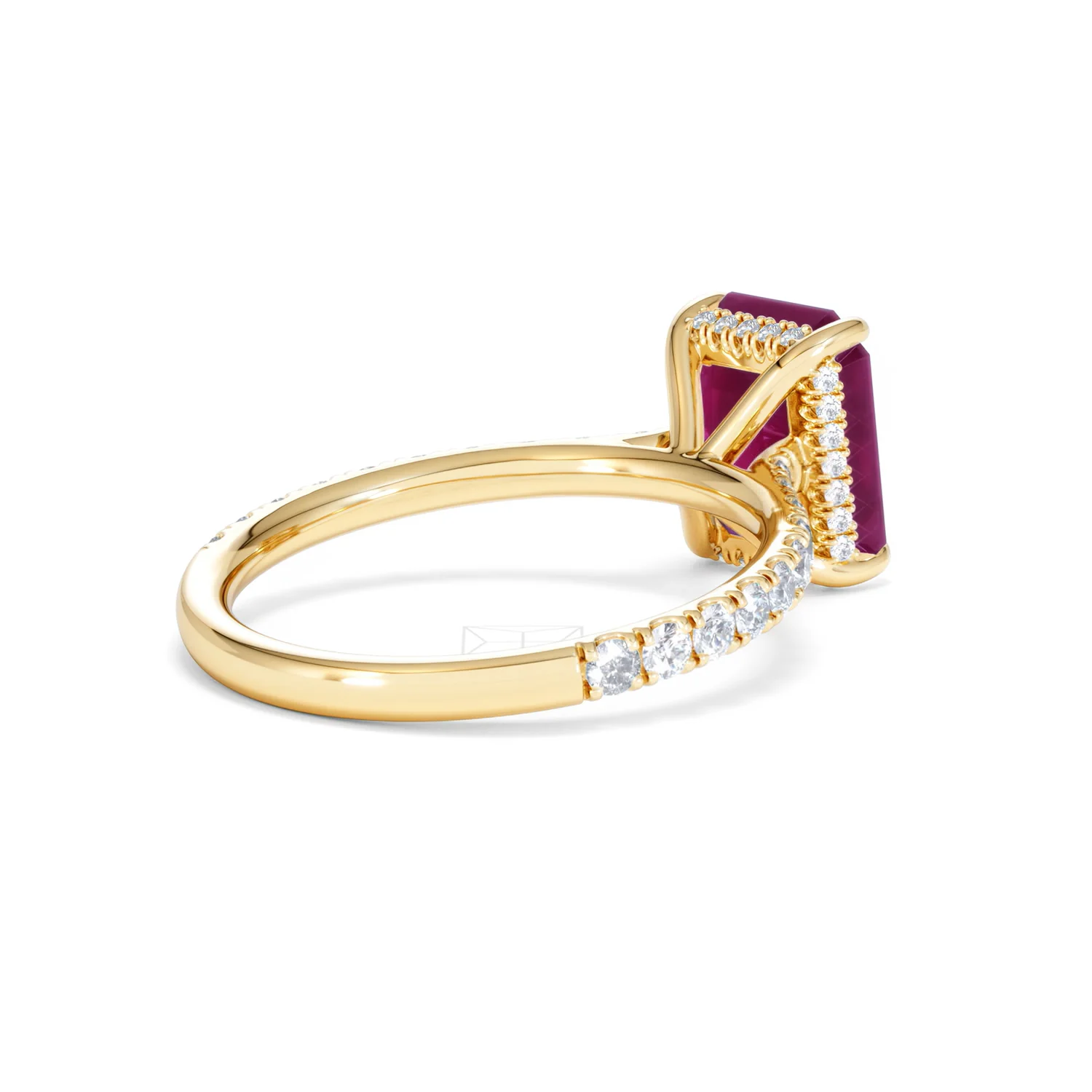 Amora Gem 2.50ct Emerald Cut Lab Ruby Hidden Halo Engagement Ring with Side Stones in 18K Yellow Gold - Image 39