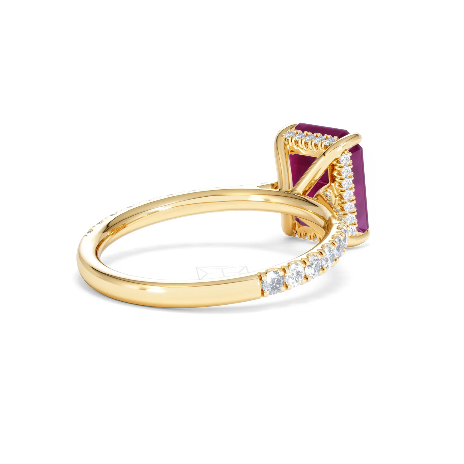 Amora Gem 2.50ct Emerald Cut Lab Ruby Hidden Halo Engagement Ring with Side Stones in 18K Yellow Gold - Image 40
