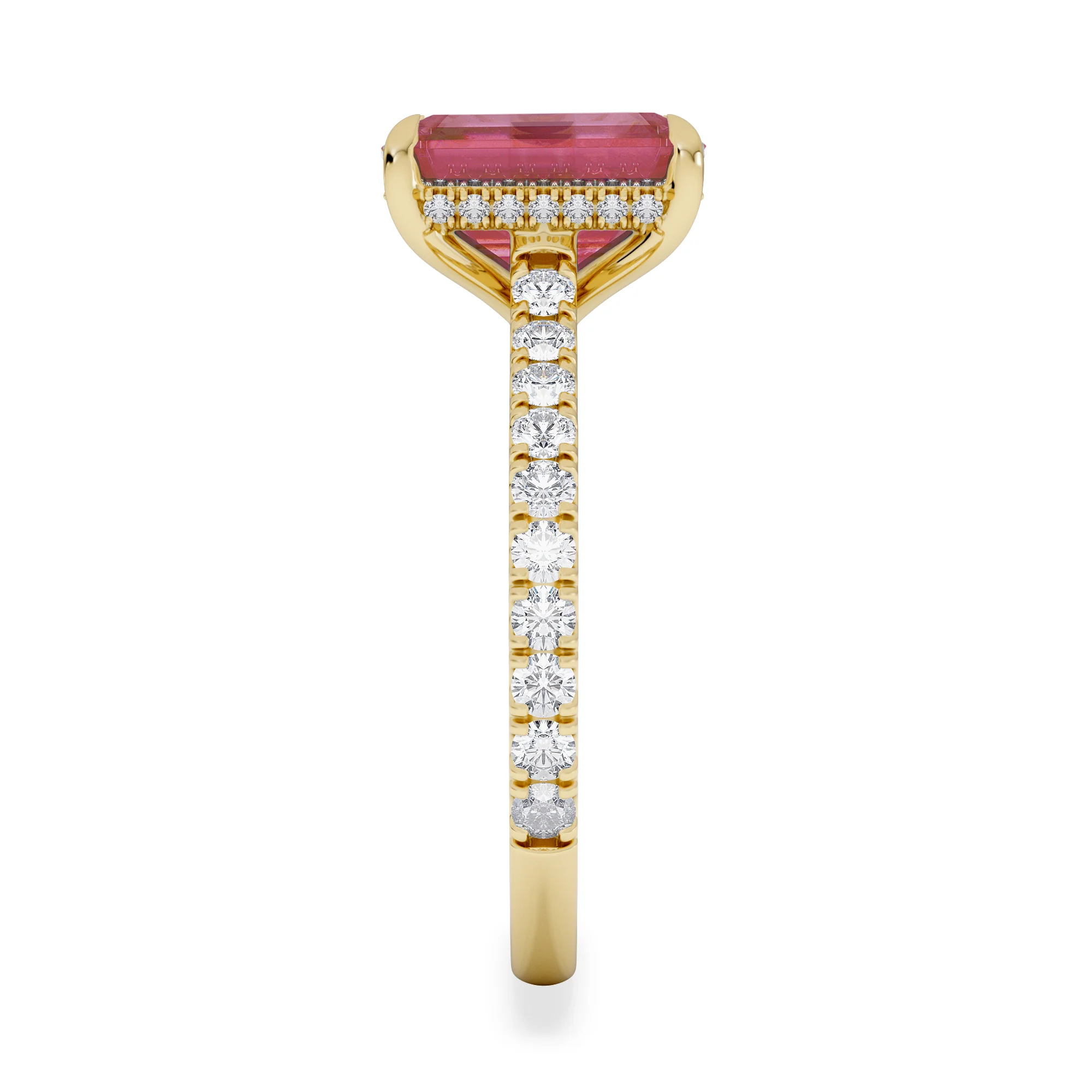 Amora Gem 2.50ct Emerald Cut Lab Ruby Hidden Halo Engagement Ring with Side Stones in 18K Yellow Gold - Image 5