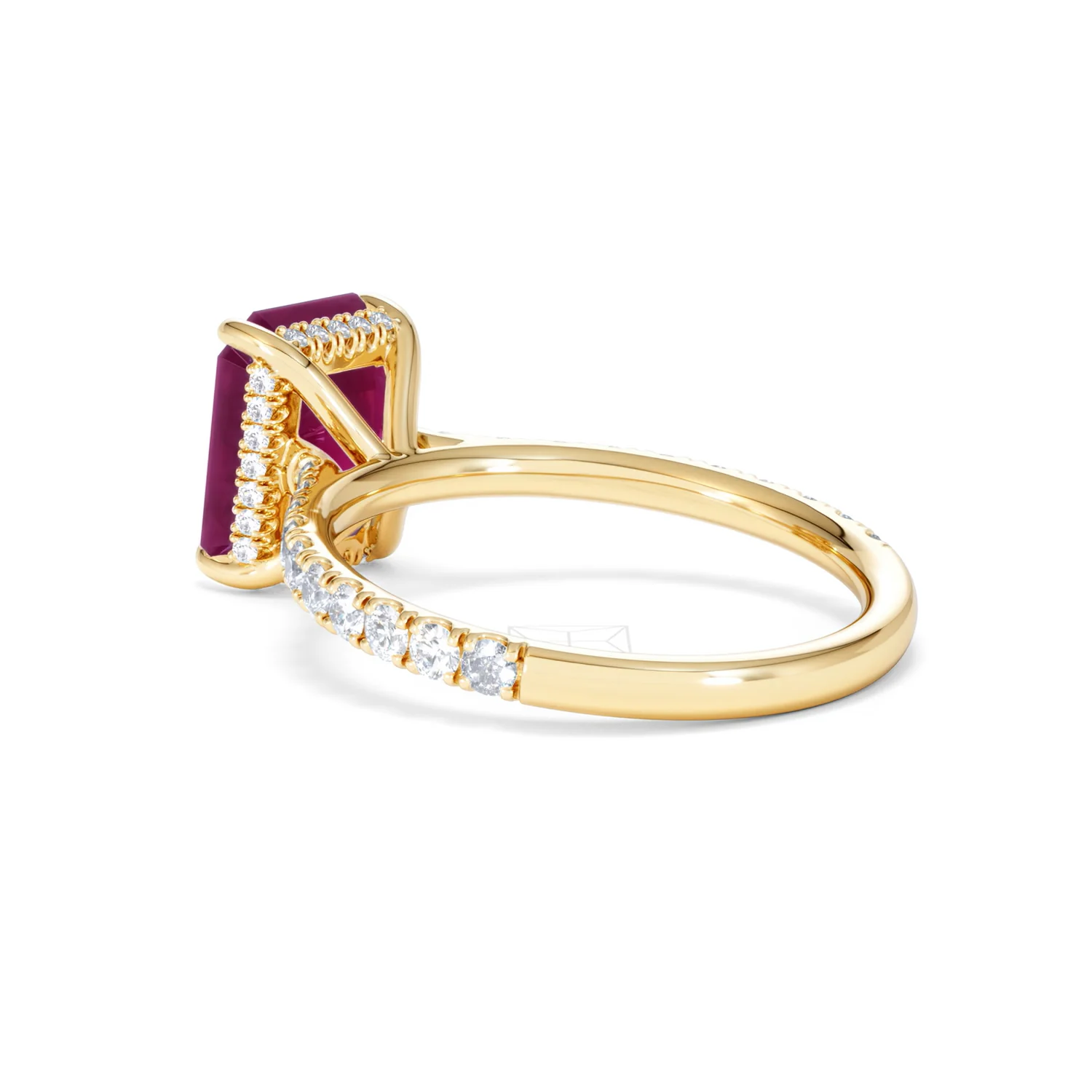 Amora Gem 2.50ct Emerald Cut Lab Ruby Hidden Halo Engagement Ring with Side Stones in 18K Yellow Gold - Image 59