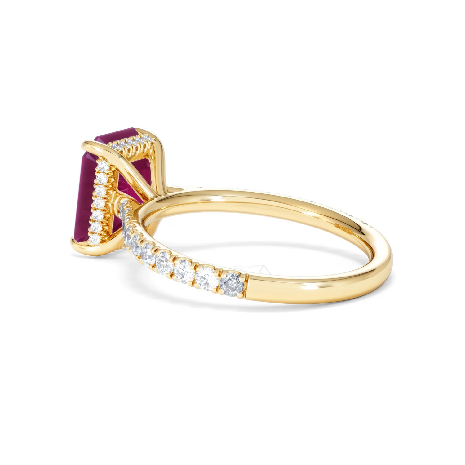 Amora Gem 2.50ct Emerald Cut Lab Ruby Hidden Halo Engagement Ring with Side Stones in 18K Yellow Gold - Image 61