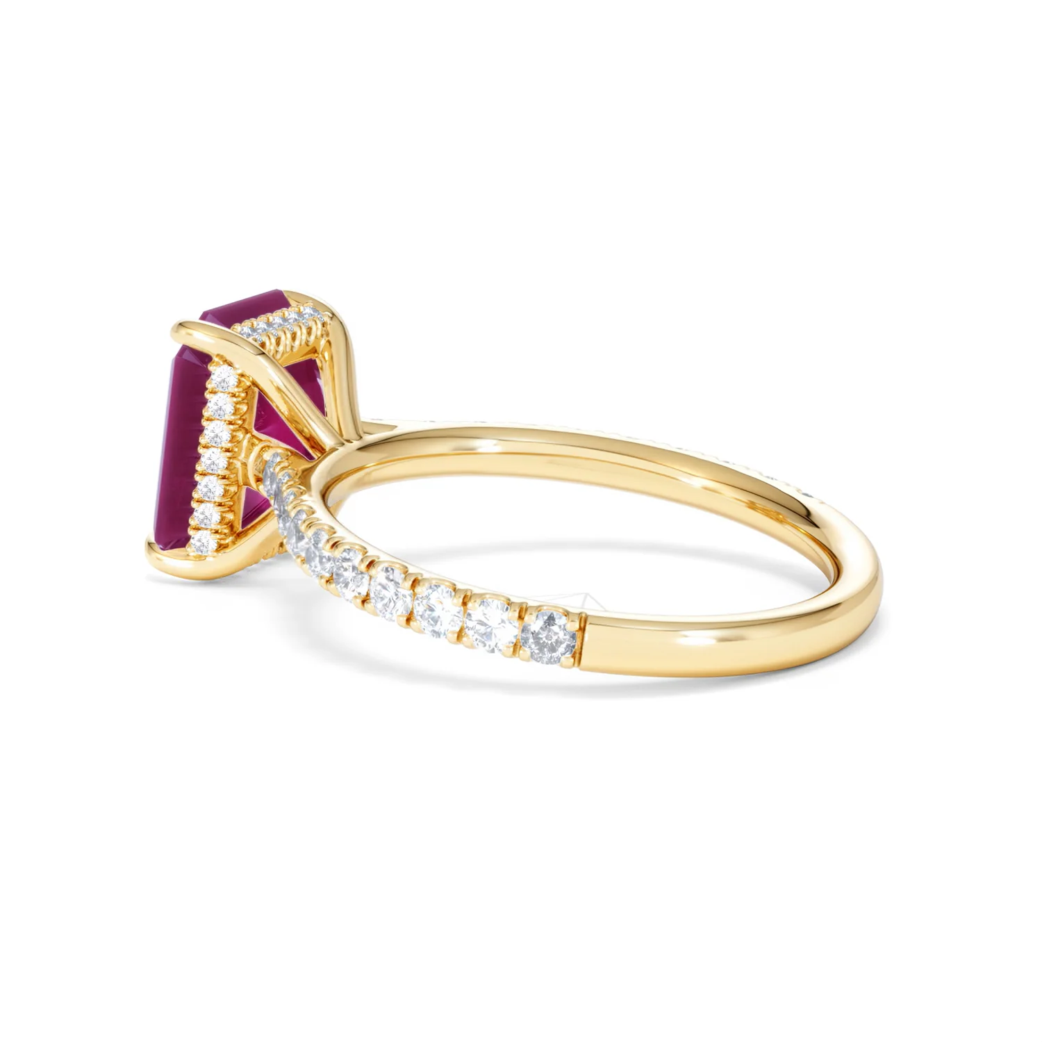 Amora Gem 2.50ct Emerald Cut Lab Ruby Hidden Halo Engagement Ring with Side Stones in 18K Yellow Gold - Image 62