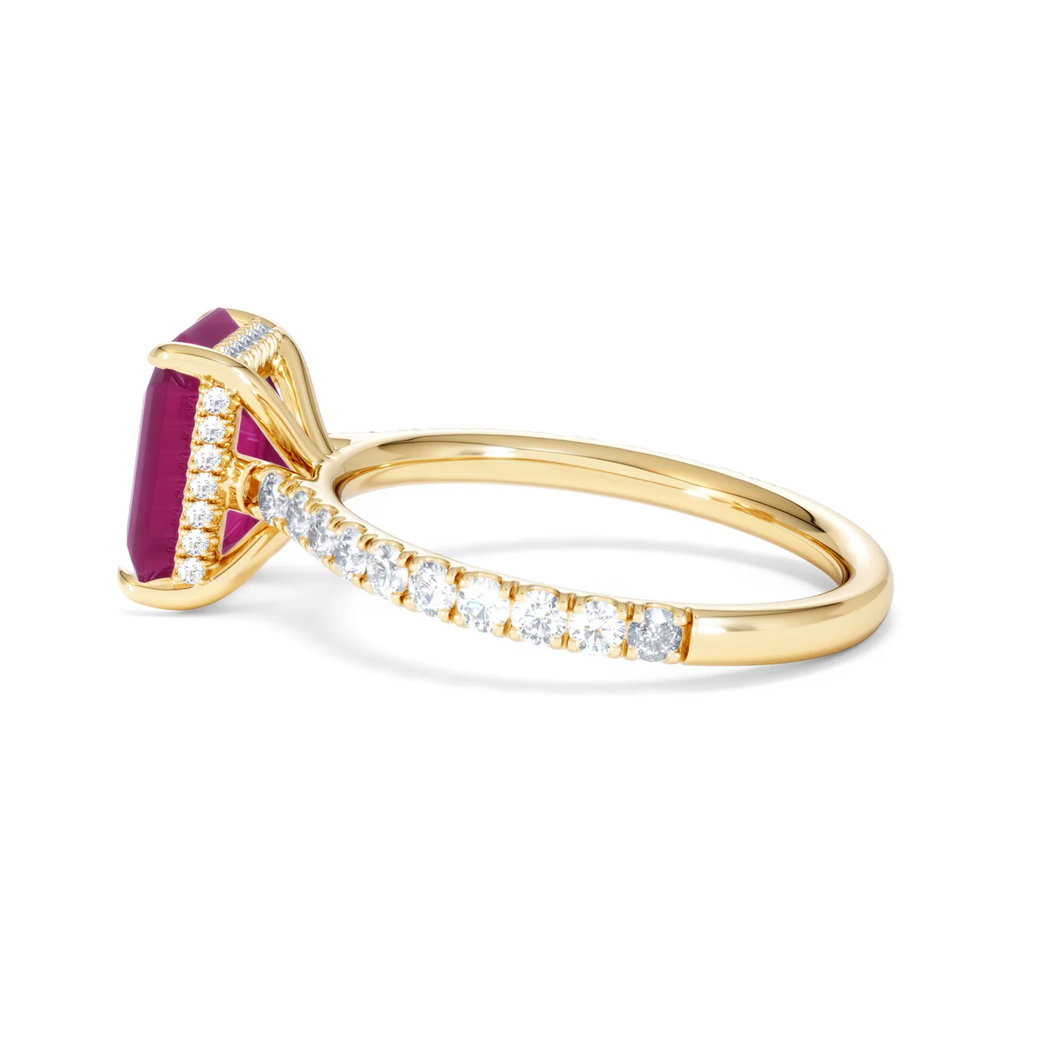 Amora Gem 2.50ct Emerald Cut Lab Ruby Hidden Halo Engagement Ring with Side Stones in 18K Yellow Gold - Image 66