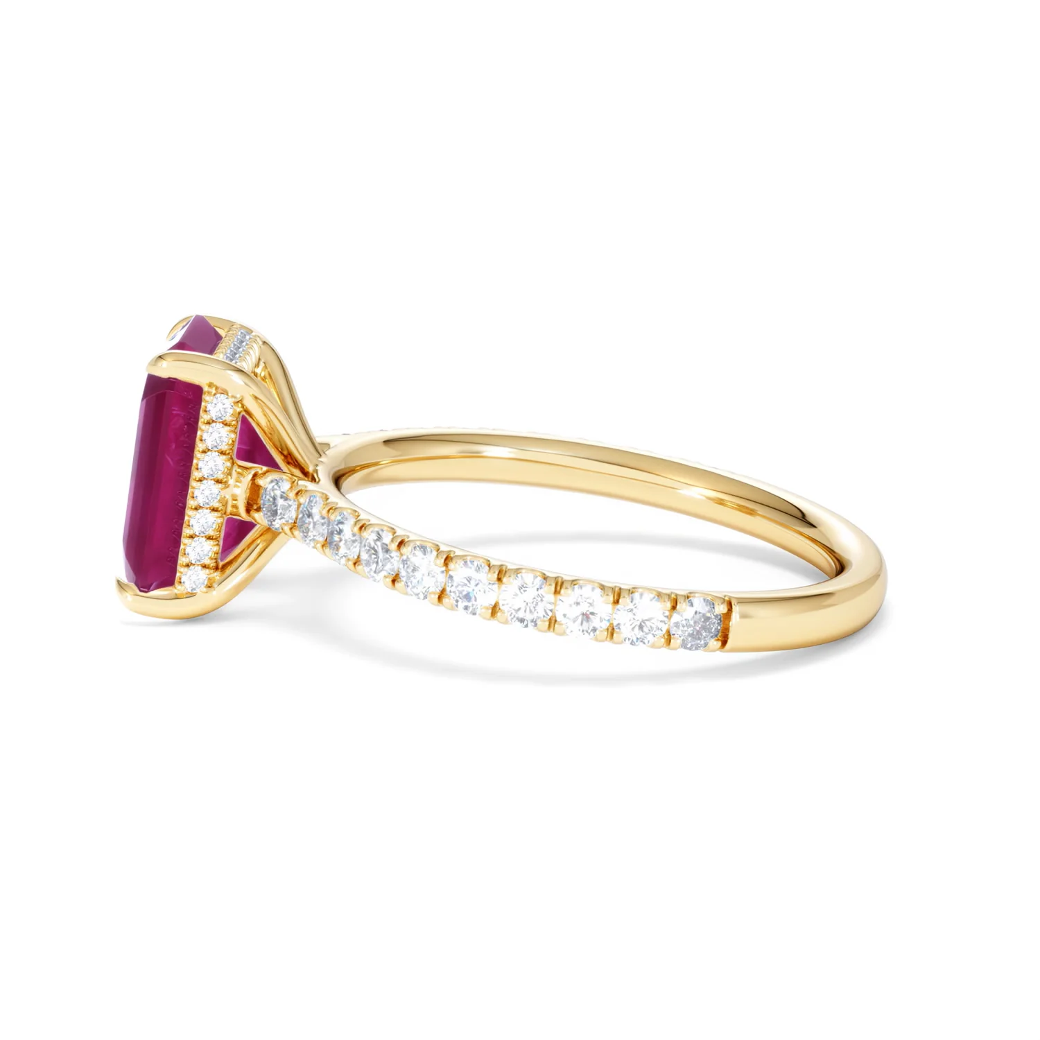 Amora Gem 2.50ct Emerald Cut Lab Ruby Hidden Halo Engagement Ring with Side Stones in 18K Yellow Gold - Image 68