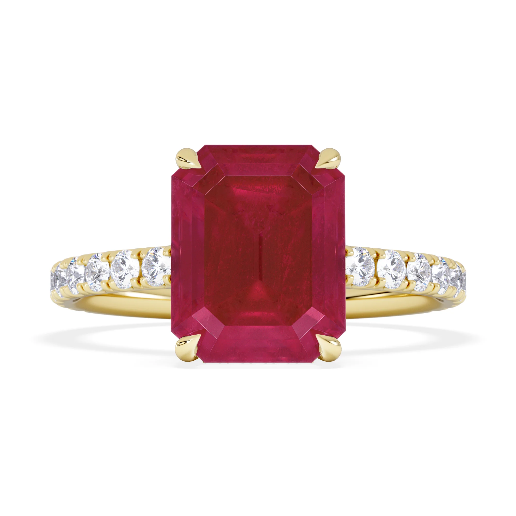 Amora Gem 2.50ct Emerald Cut Lab Ruby Hidden Halo Engagement Ring with Side Stones in 18K Yellow Gold - Image 7