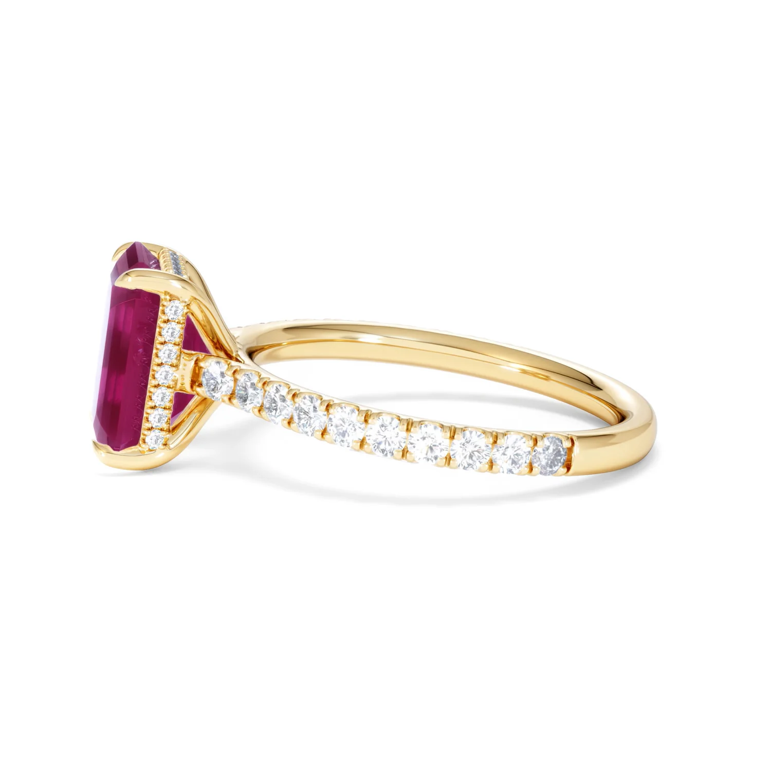 Amora Gem 2.50ct Emerald Cut Lab Ruby Hidden Halo Engagement Ring with Side Stones in 18K Yellow Gold - Image 70