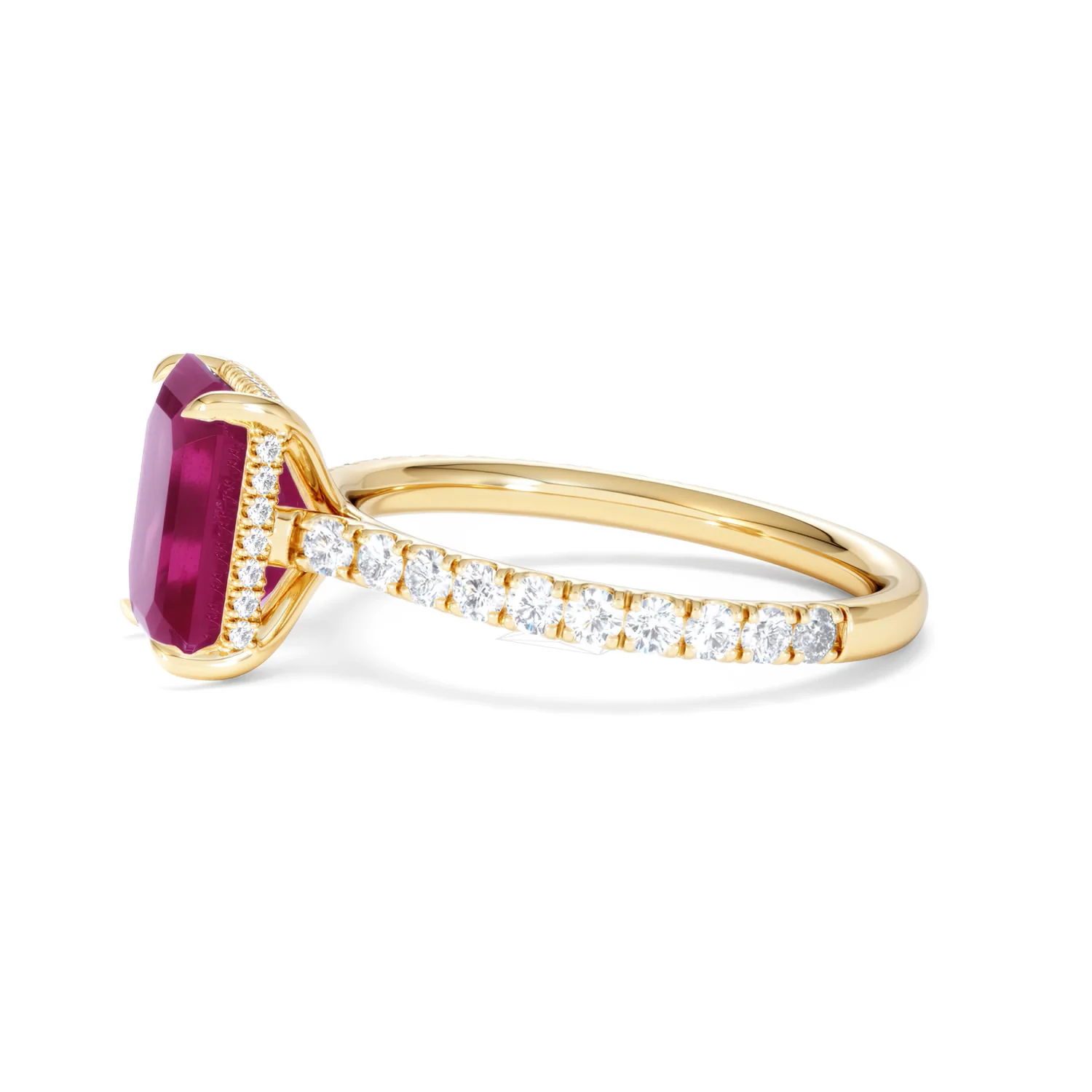 Amora Gem 2.50ct Emerald Cut Lab Ruby Hidden Halo Engagement Ring with Side Stones in 18K Yellow Gold - Image 72