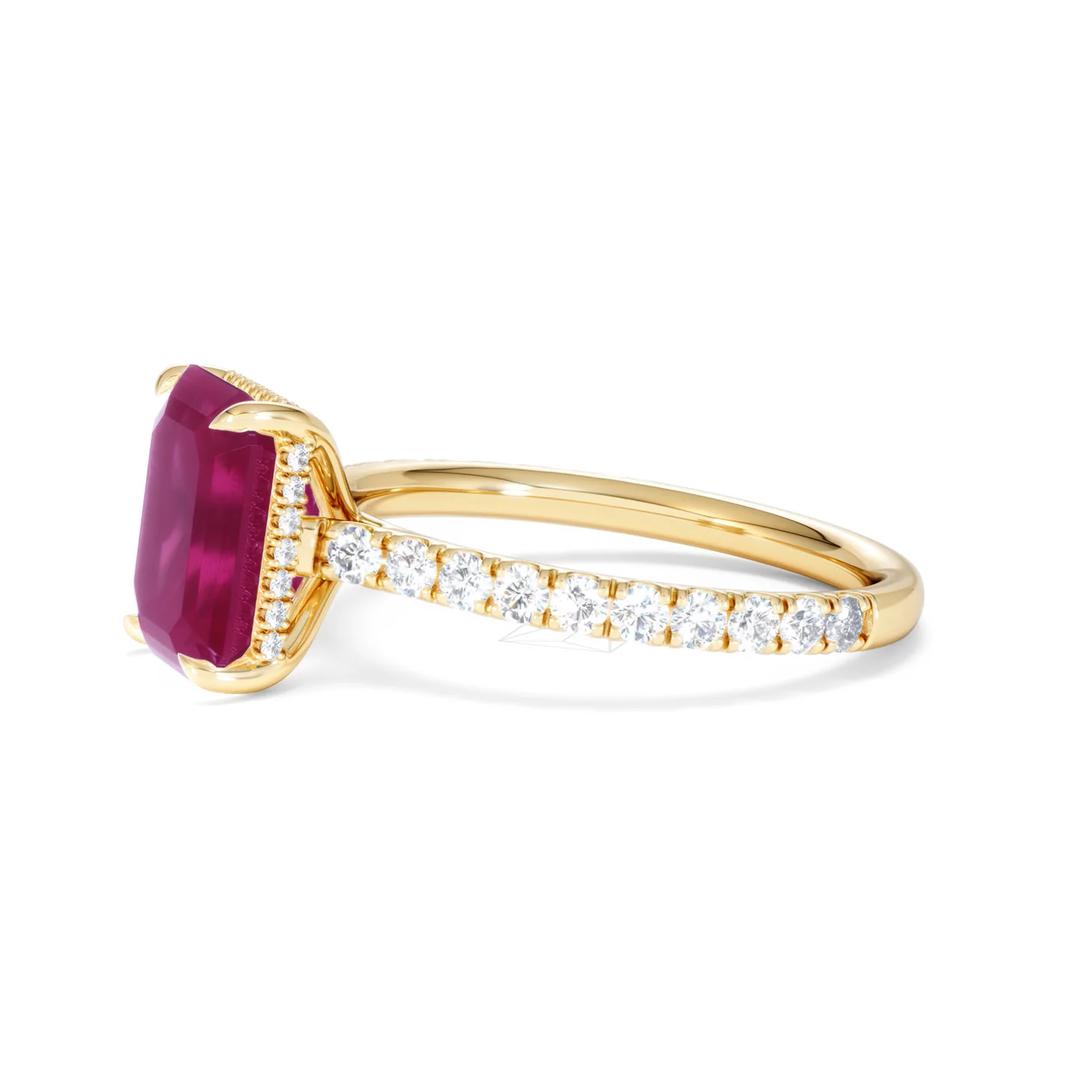 Amora Gem 2.50ct Emerald Cut Lab Ruby Hidden Halo Engagement Ring with Side Stones in 18K Yellow Gold - Image 74