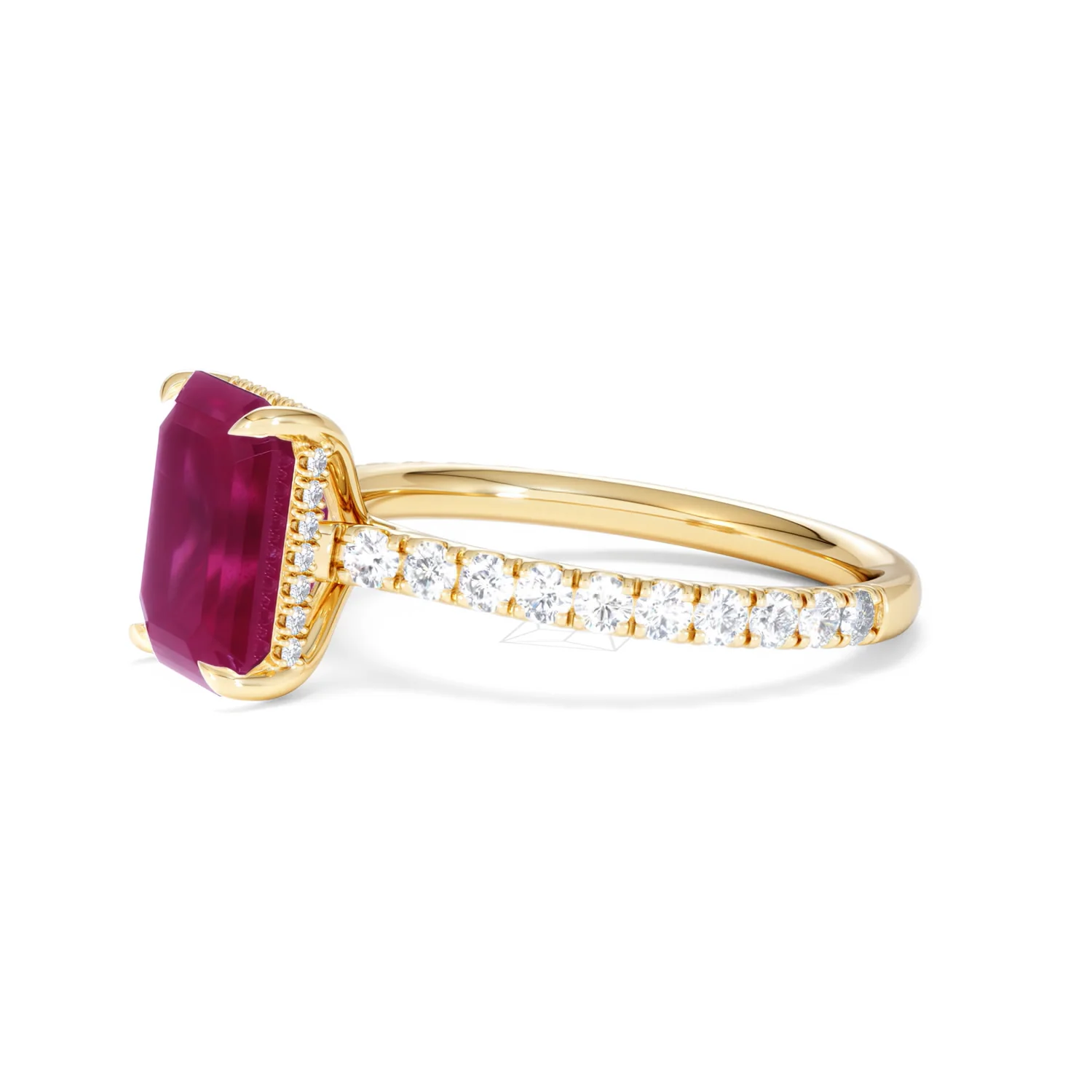 Amora Gem 2.50ct Emerald Cut Lab Ruby Hidden Halo Engagement Ring with Side Stones in 18K Yellow Gold - Image 75
