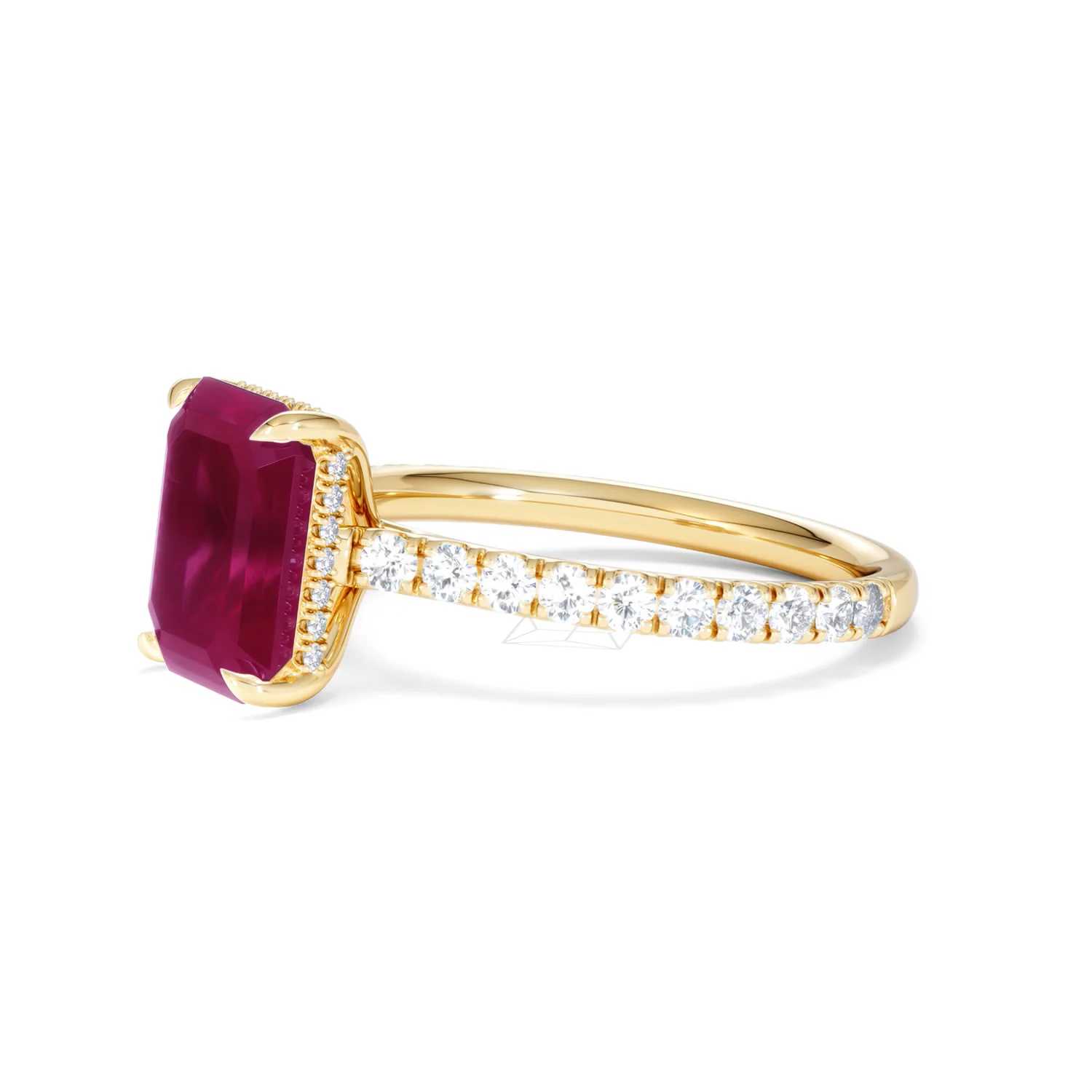 Amora Gem 2.50ct Emerald Cut Lab Ruby Hidden Halo Engagement Ring with Side Stones in 18K Yellow Gold - Image 76